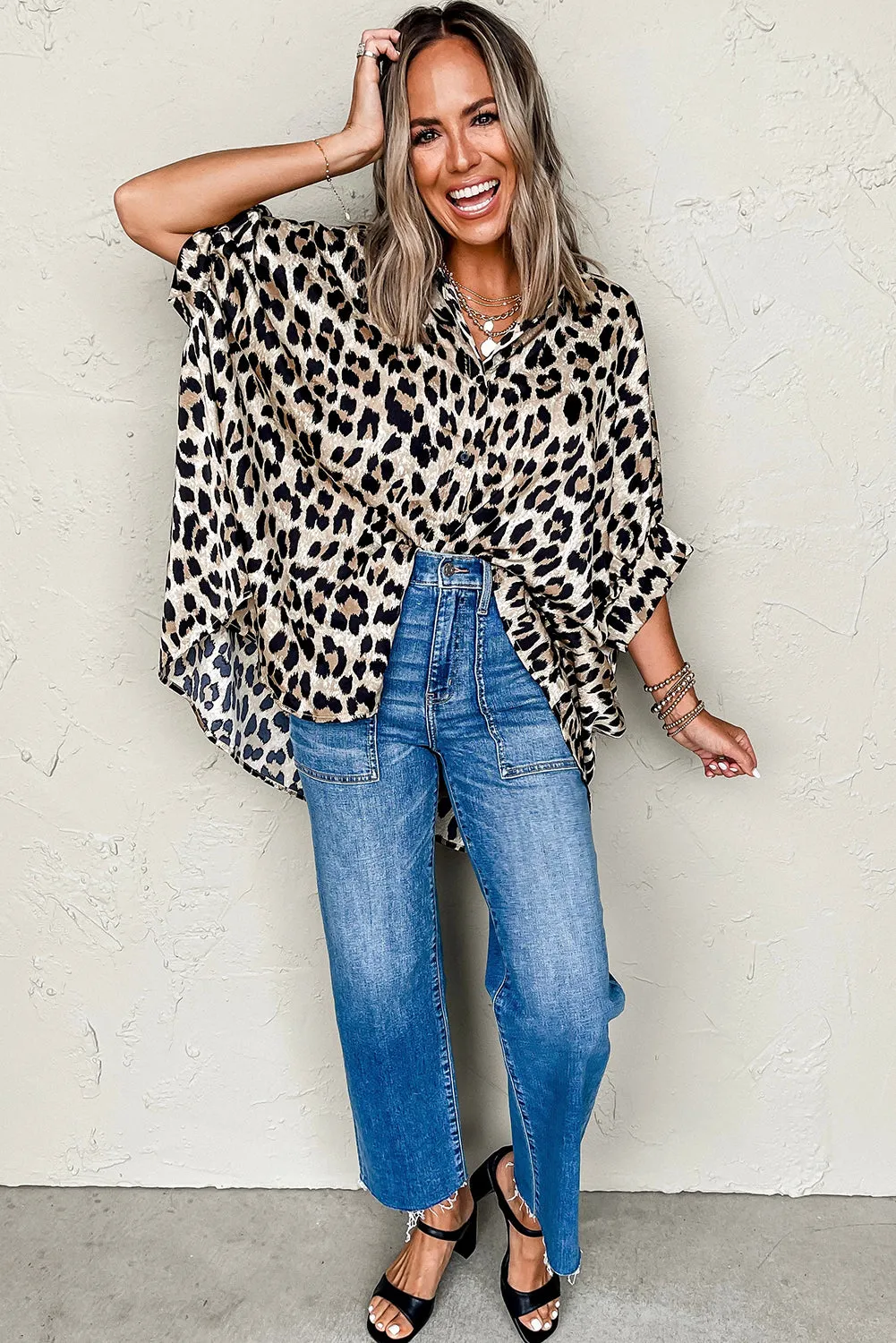 Beige Leopard Print Buttoned 3/4 Sleeve Loose Fit Shirt