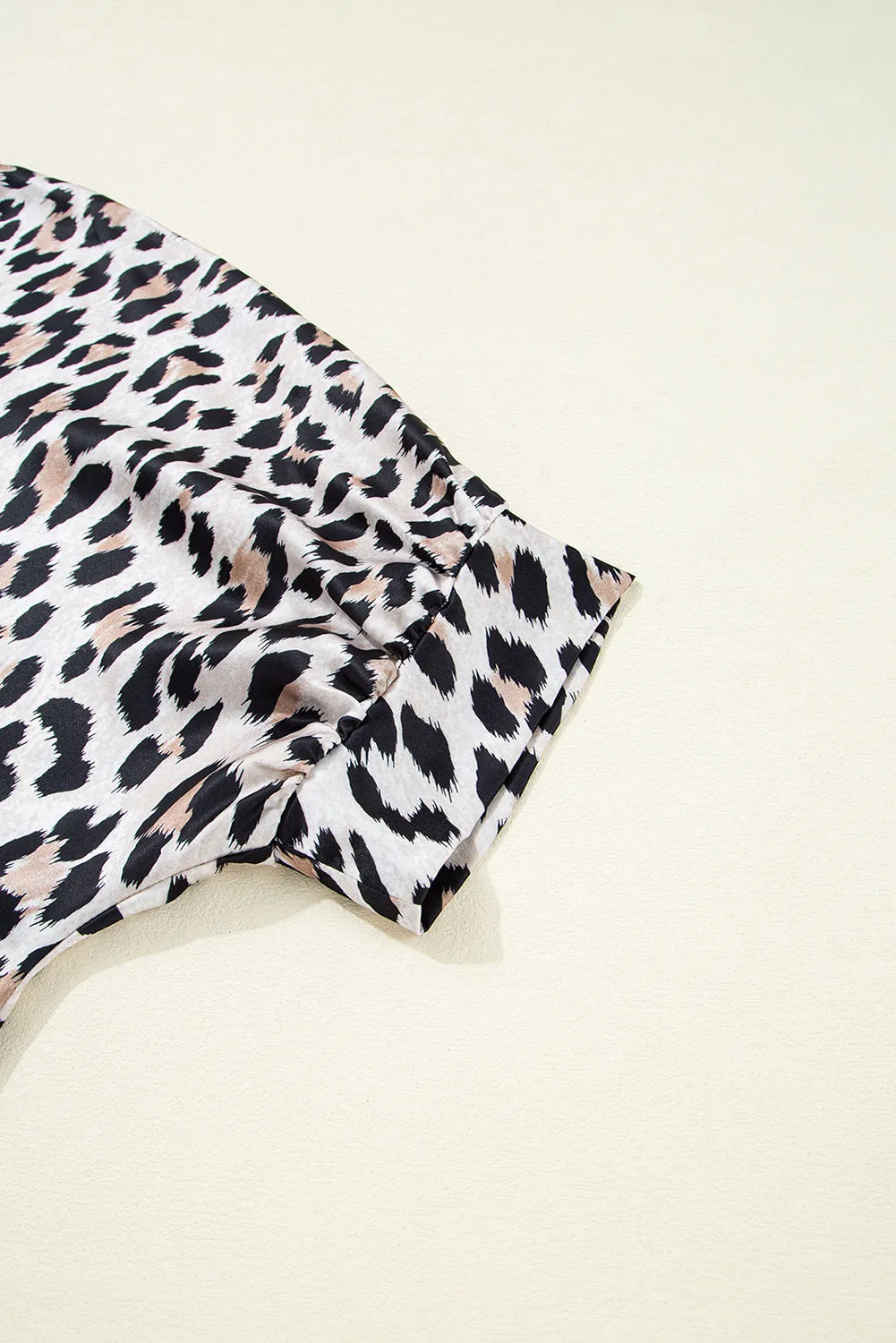 Beige Leopard Print Buttoned 3/4 Sleeve Loose Fit Shirt