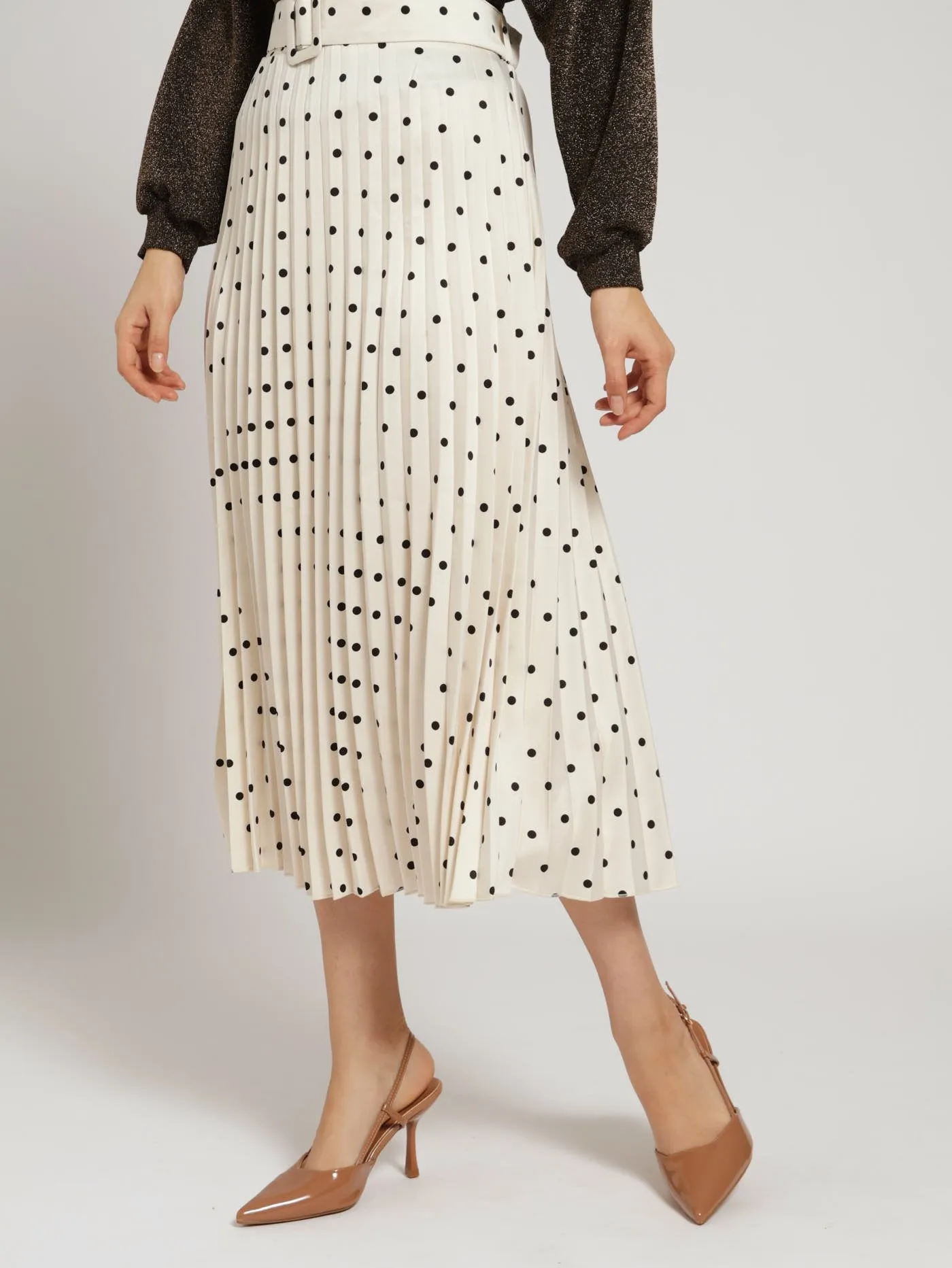 Belted Pleated Satin Midi Skirt - Black/White
