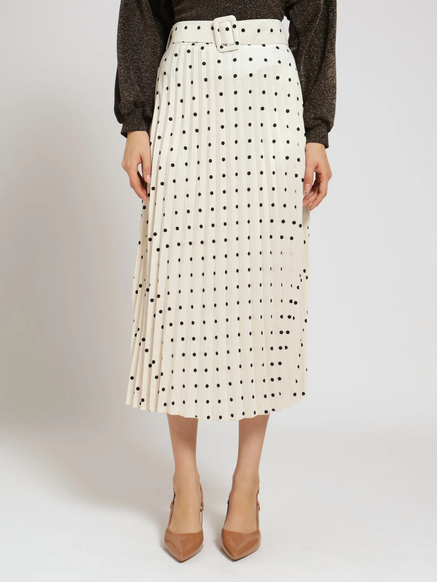 Belted Pleated Satin Midi Skirt - Black/White