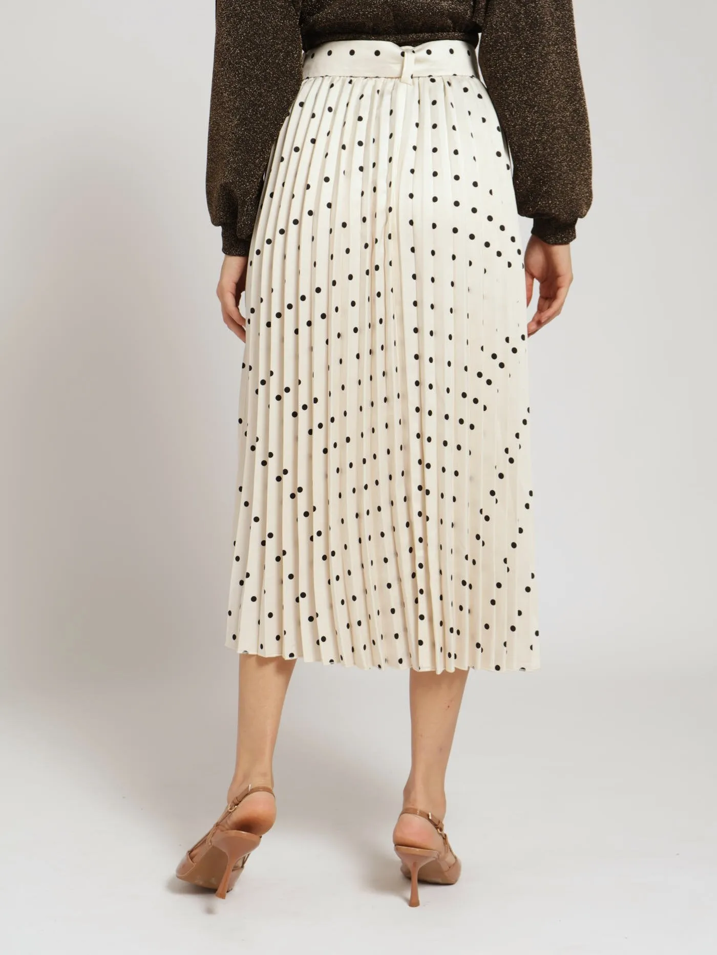 Belted Pleated Satin Midi Skirt - Black/White