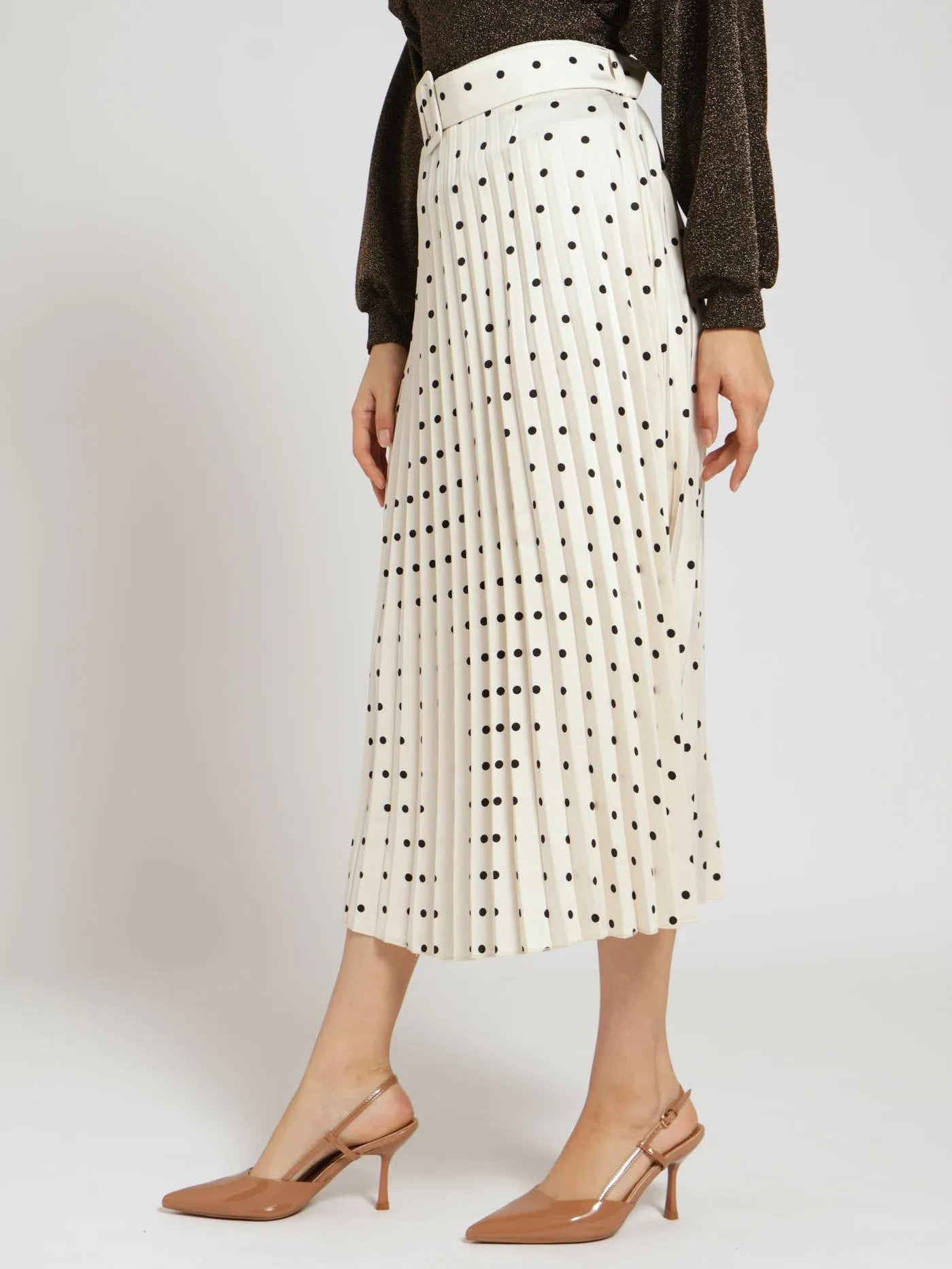 Belted Pleated Satin Midi Skirt - Black/White