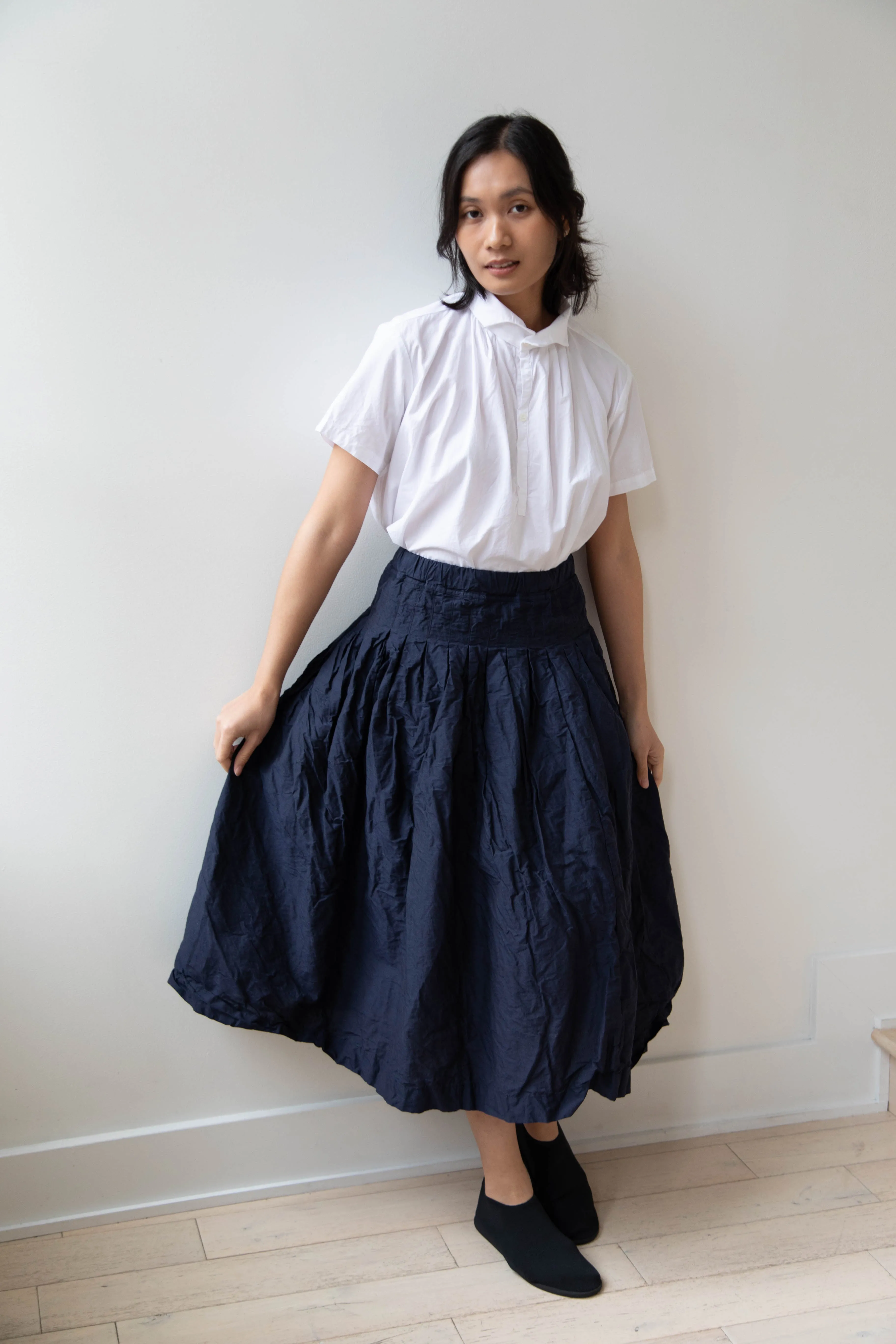 Bergfabel | Farmer Skirt in Navy Cotton Linen Crinkle