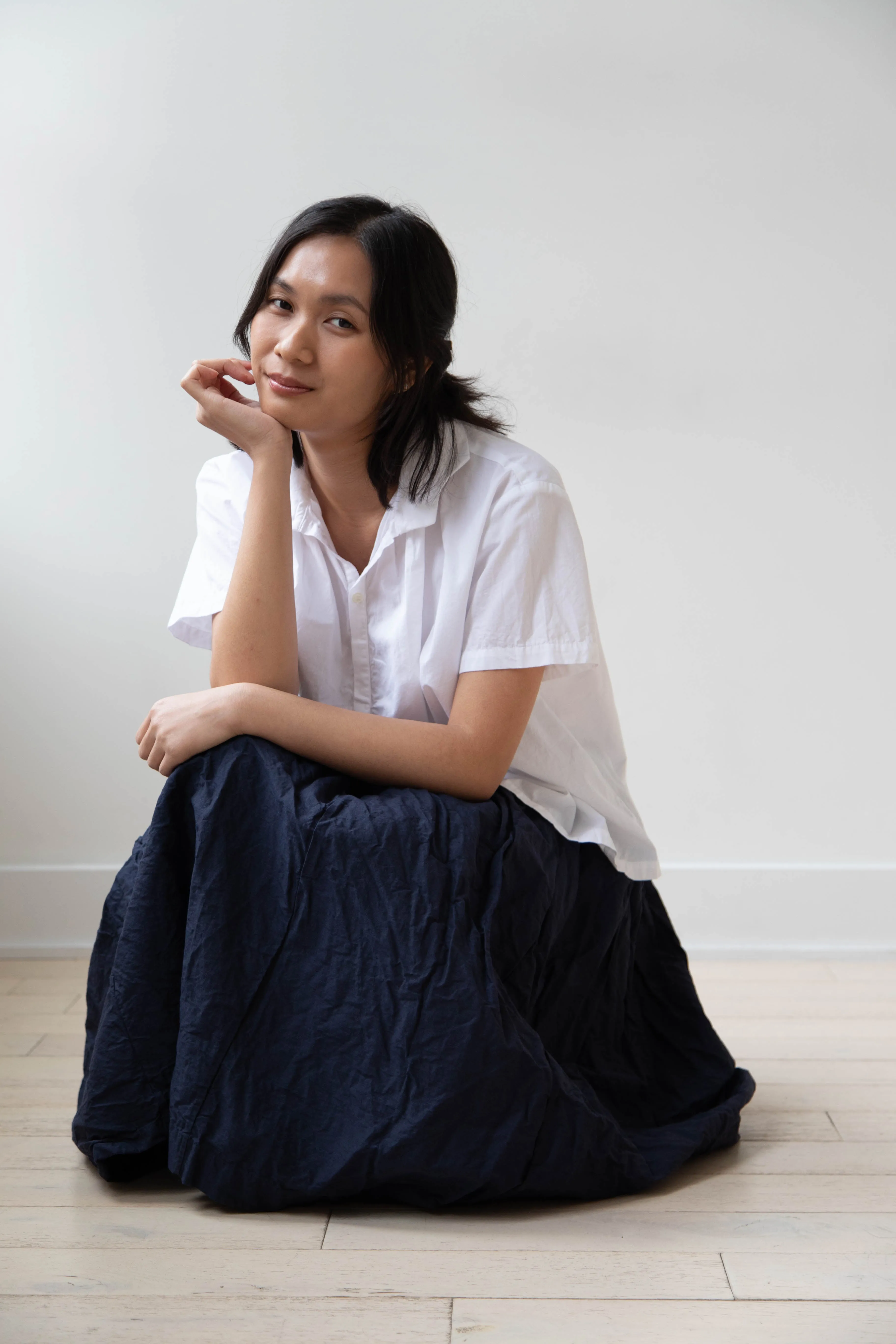 Bergfabel | Farmer Skirt in Navy Cotton Linen Crinkle