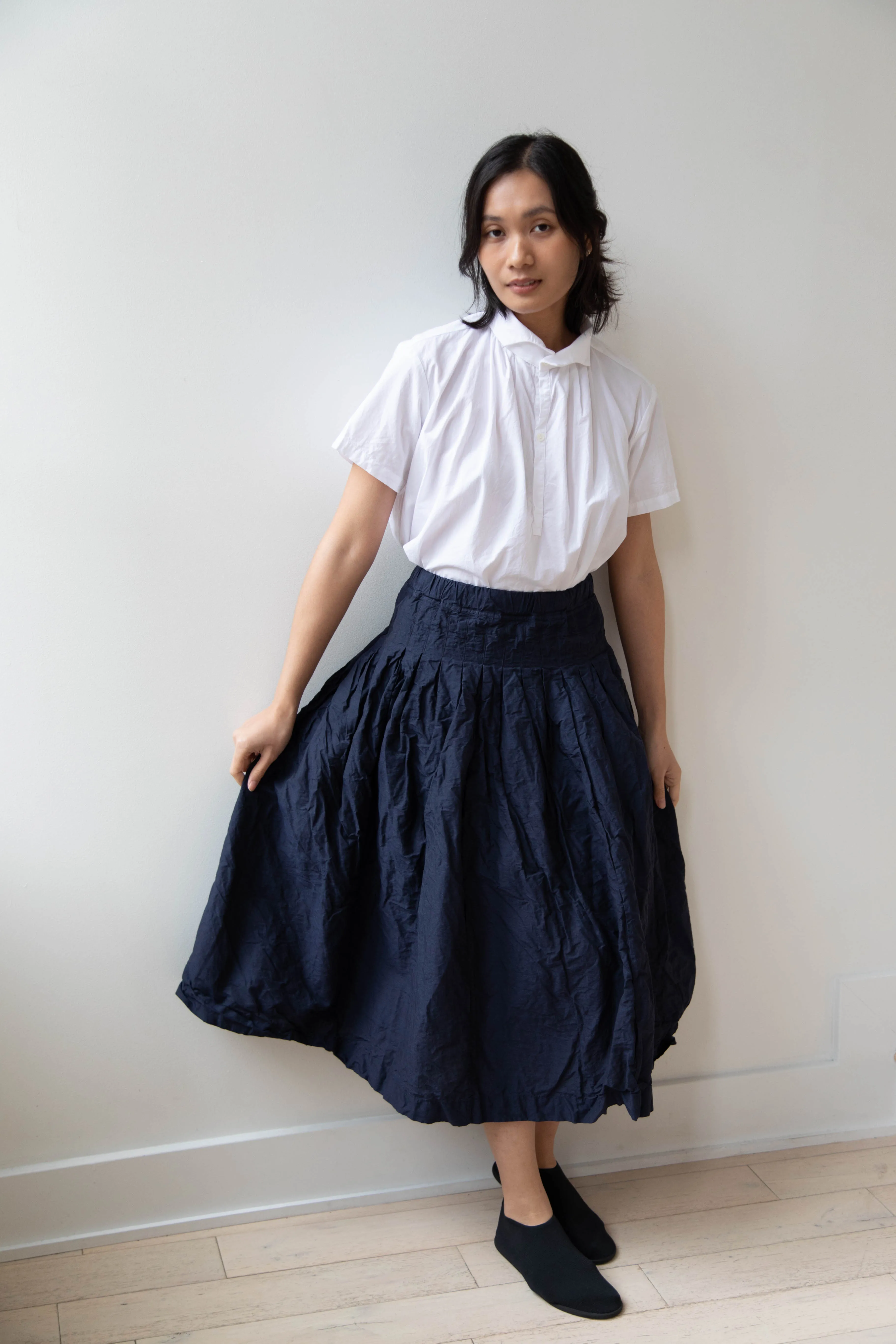 Bergfabel | Farmer Skirt in Navy Cotton Linen Crinkle