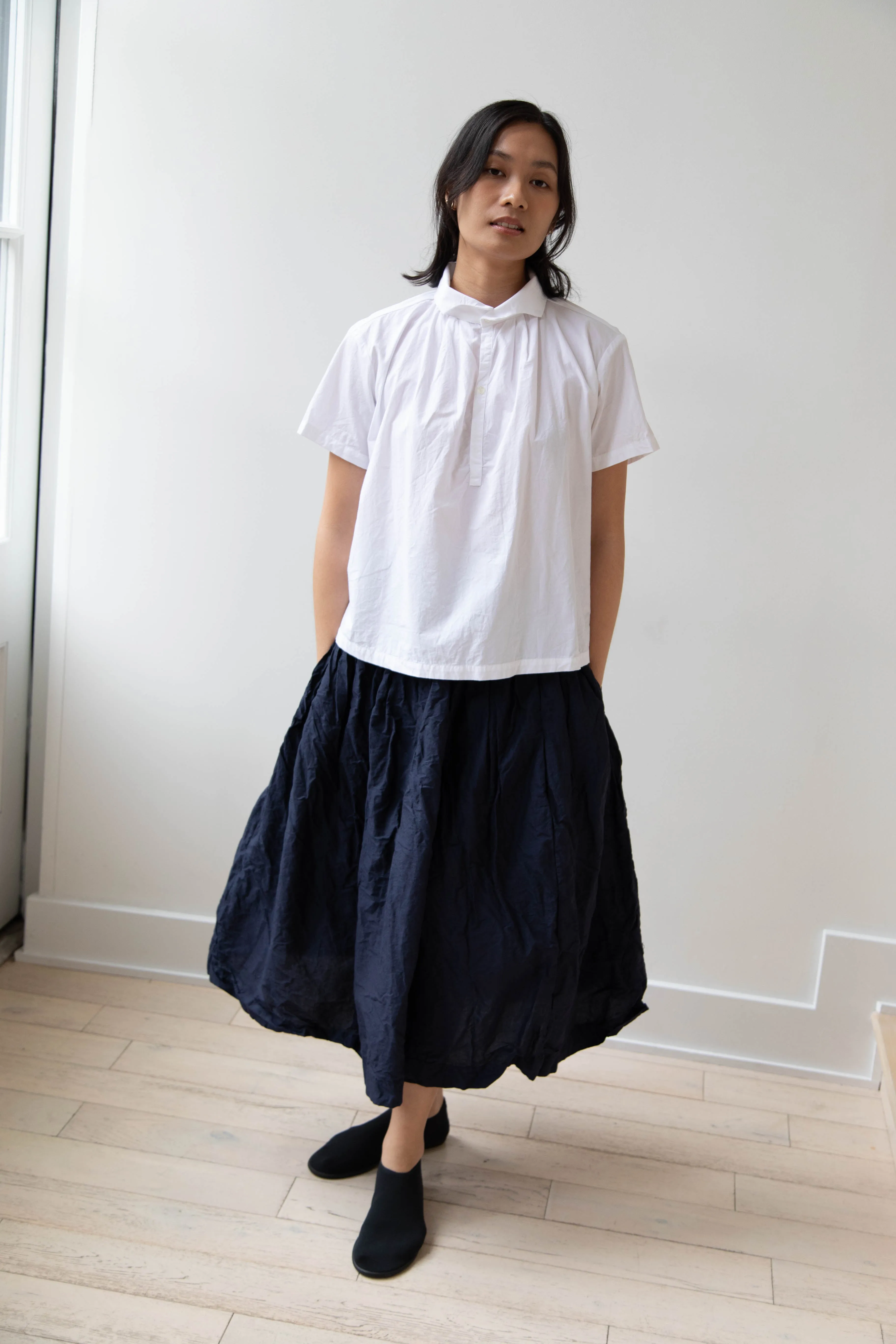 Bergfabel | Farmer Skirt in Navy Cotton Linen Crinkle