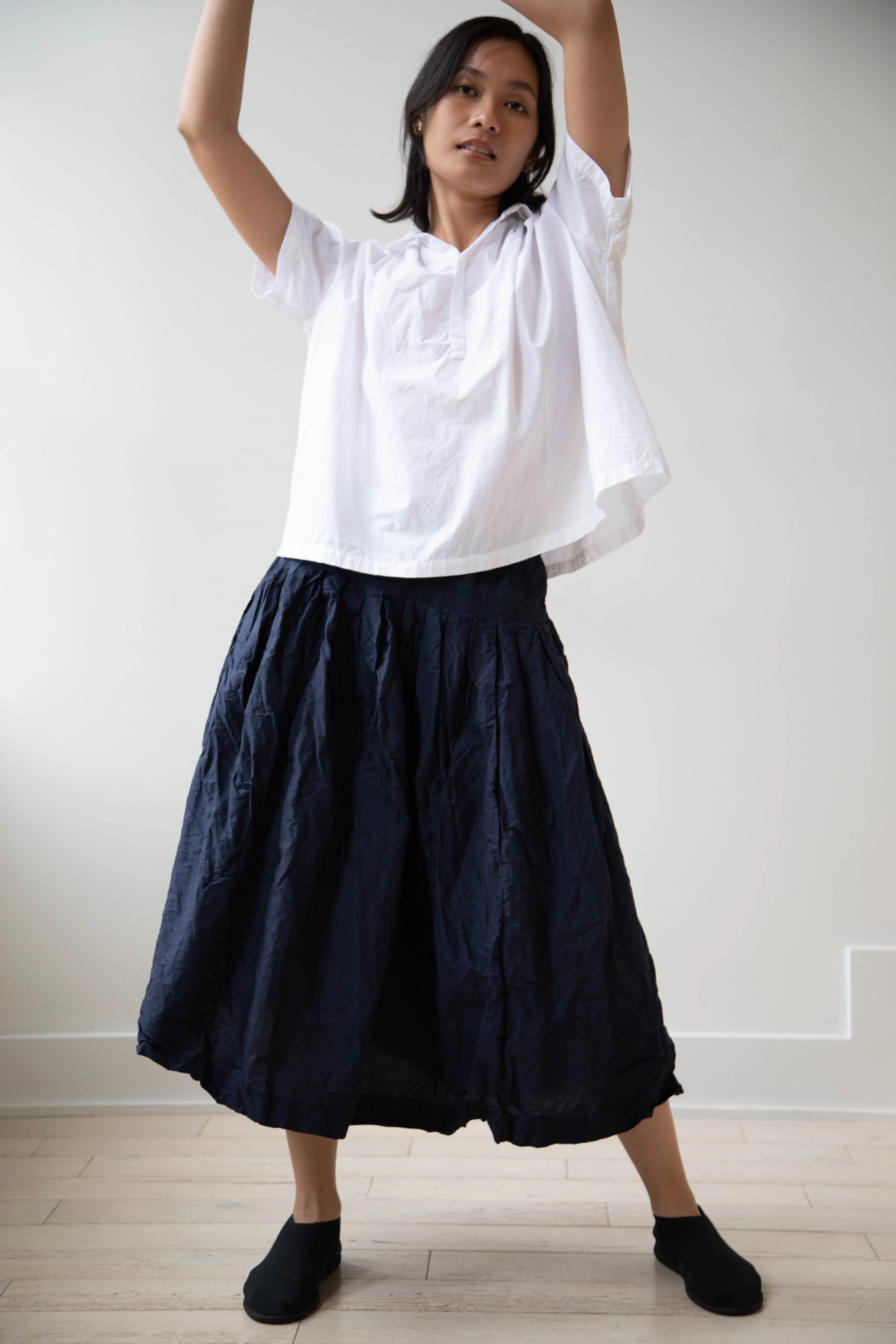Bergfabel | Farmer Skirt in Navy Cotton Linen Crinkle