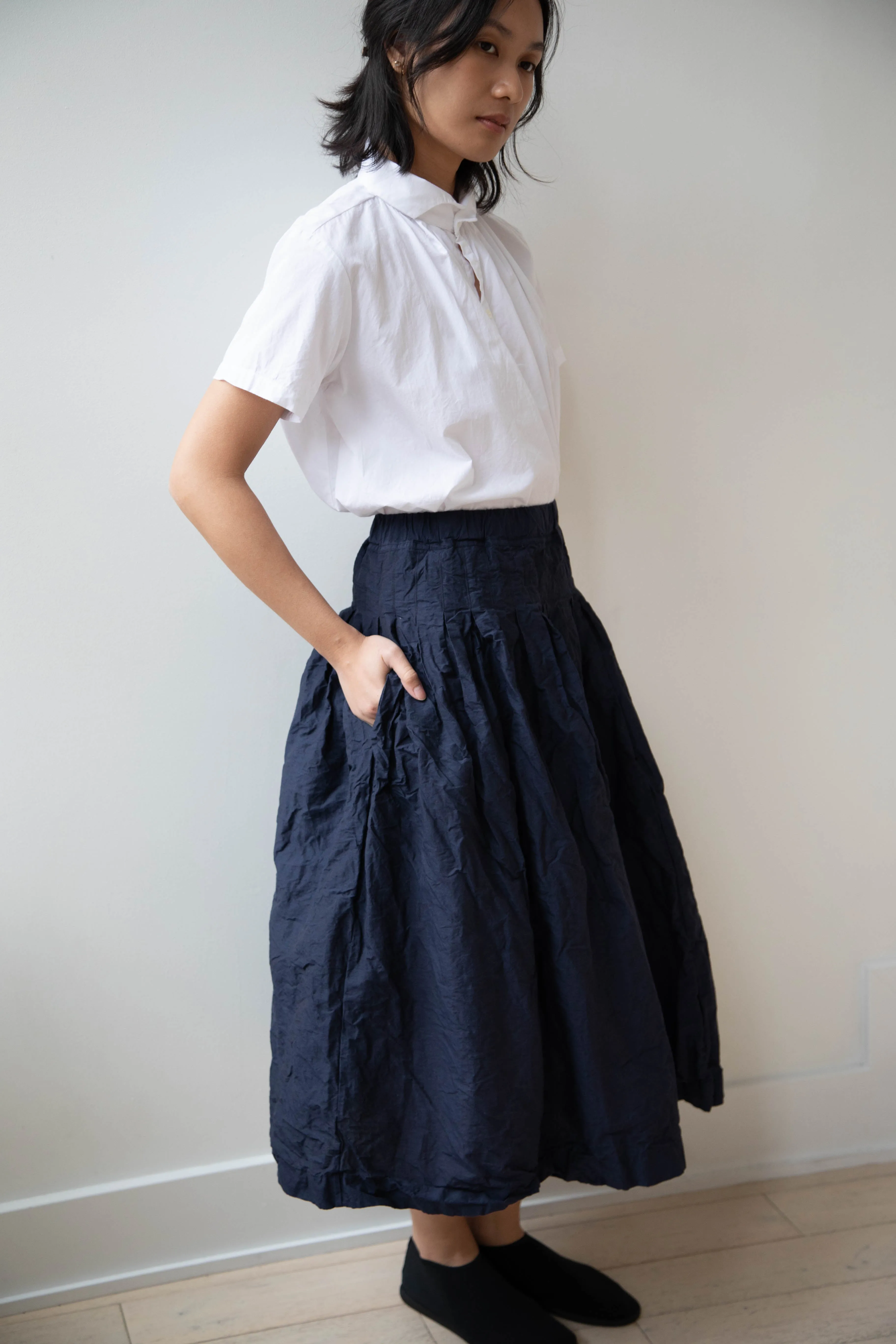 Bergfabel | Farmer Skirt in Navy Cotton Linen Crinkle