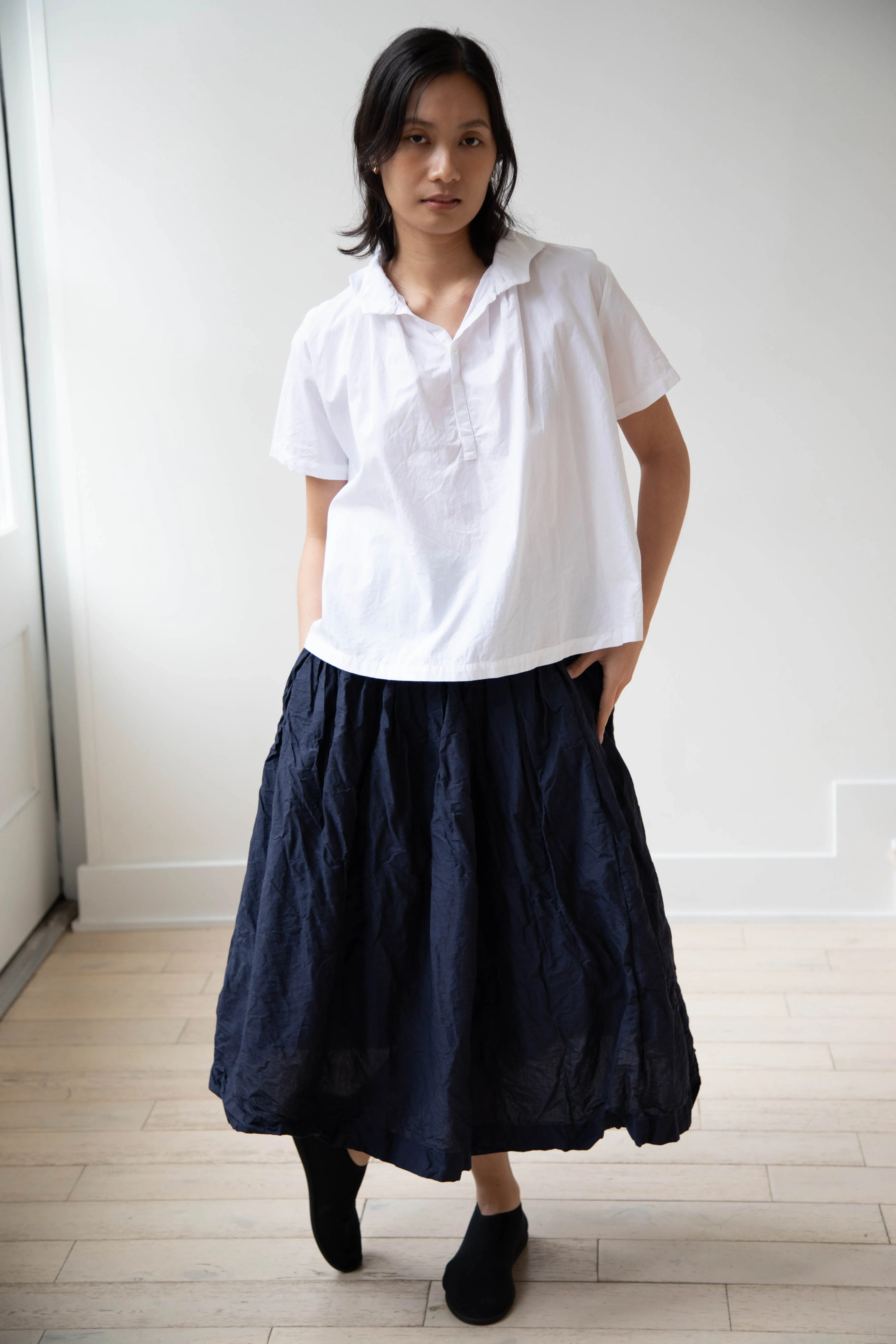 Bergfabel | Farmer Skirt in Navy Cotton Linen Crinkle