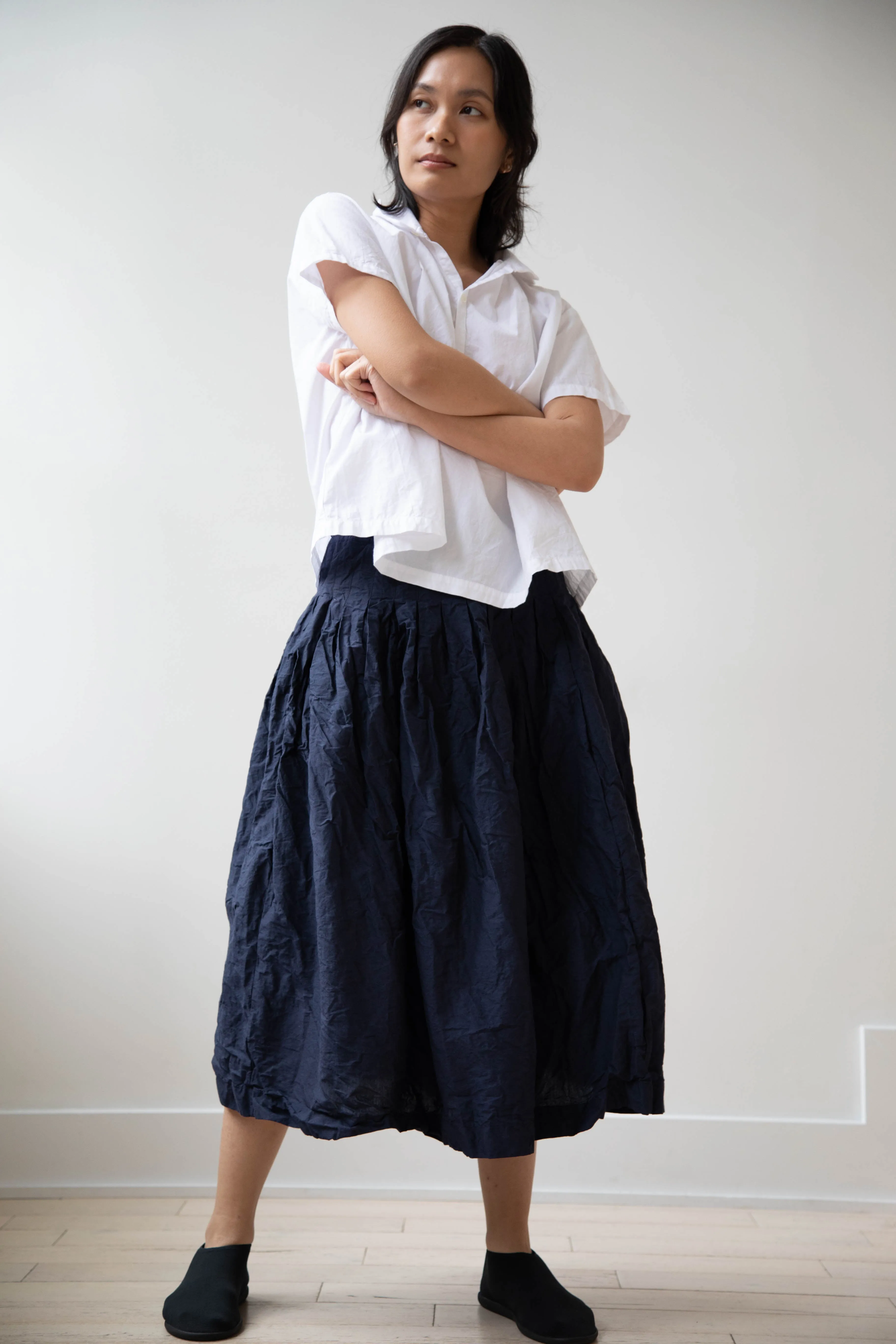 Bergfabel | Farmer Skirt in Navy Cotton Linen Crinkle