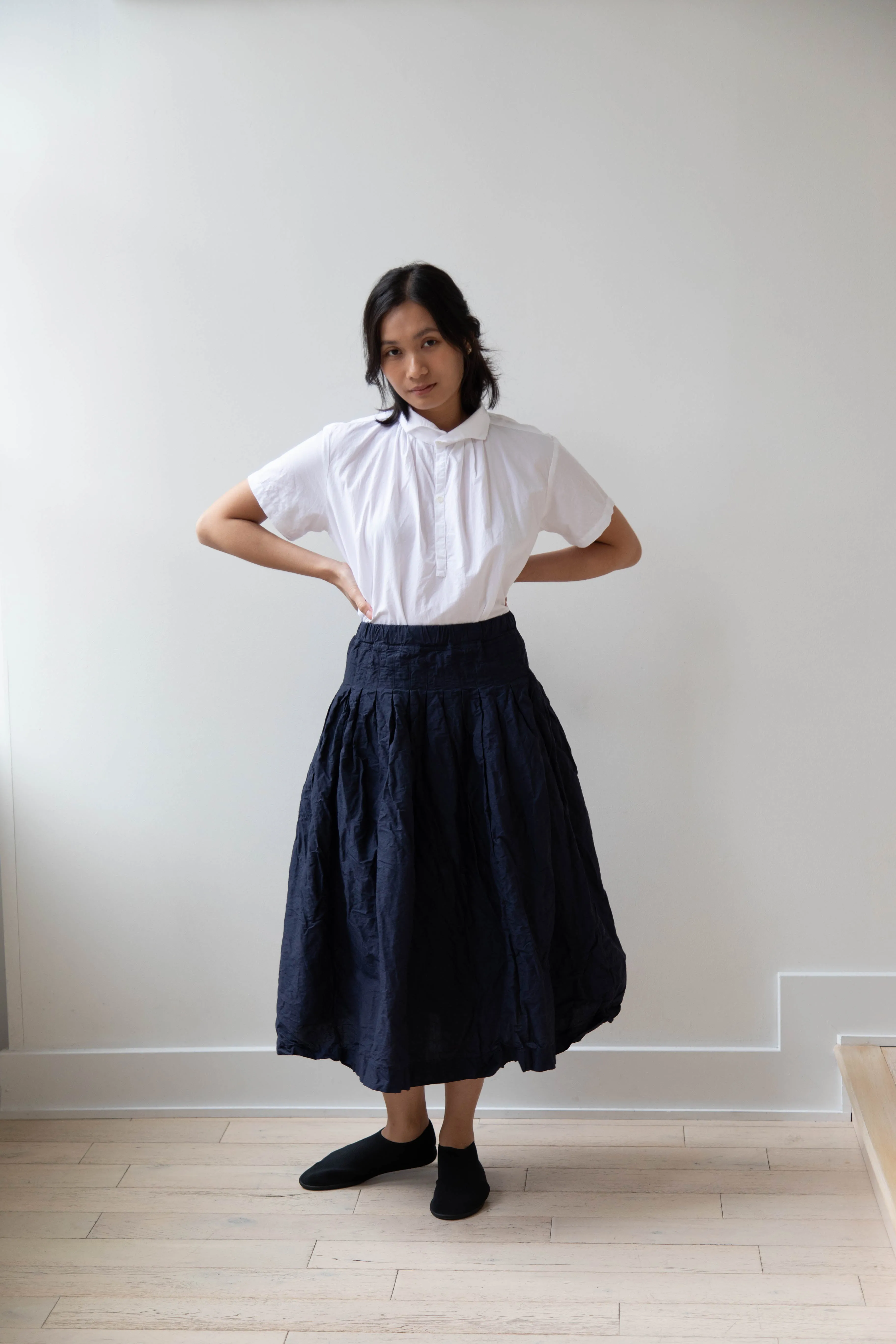 Bergfabel | Farmer Skirt in Navy Cotton Linen Crinkle