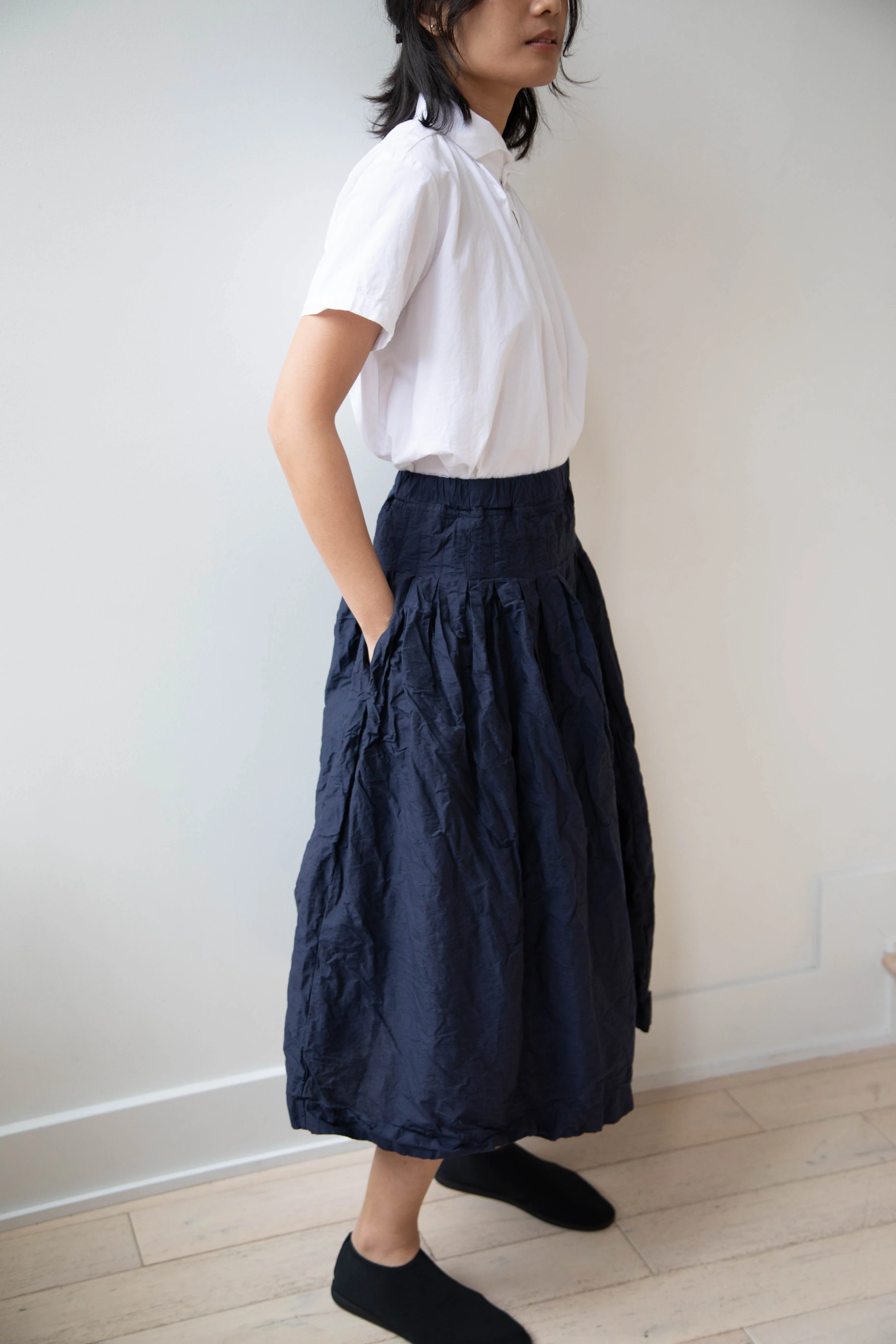 Bergfabel | Farmer Skirt in Navy Cotton Linen Crinkle