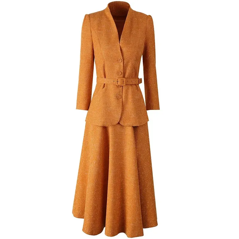 Bexley Single Breasted Sashes Coat   Skirt Office Lady 2 piece Set