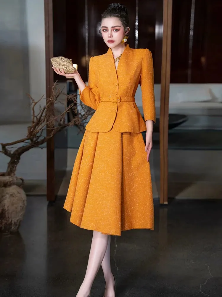 Bexley Single Breasted Sashes Coat   Skirt Office Lady 2 piece Set