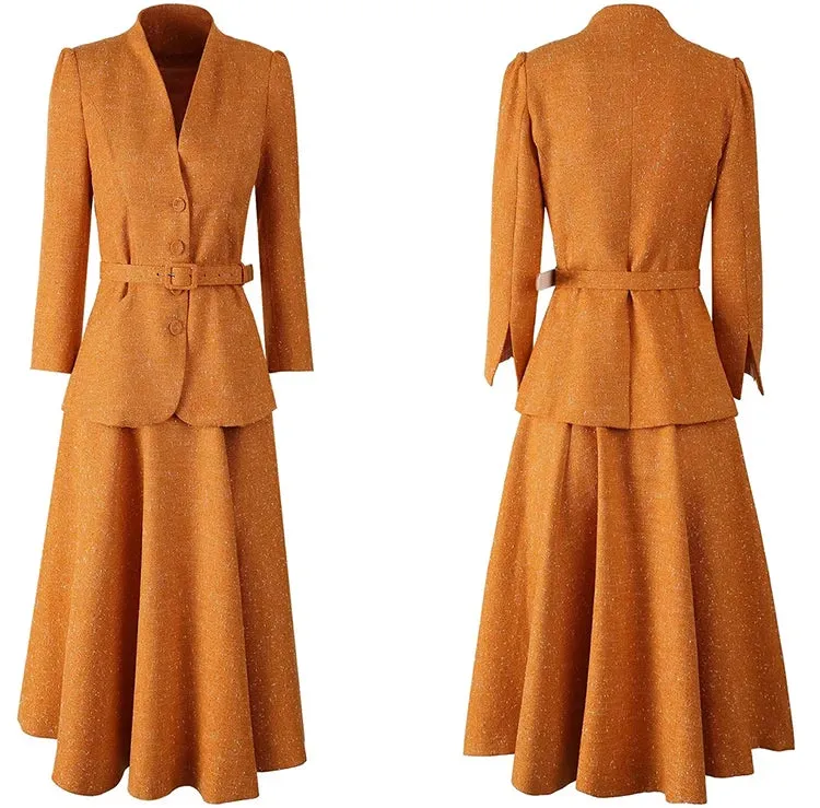 Bexley Single Breasted Sashes Coat   Skirt Office Lady 2 piece Set