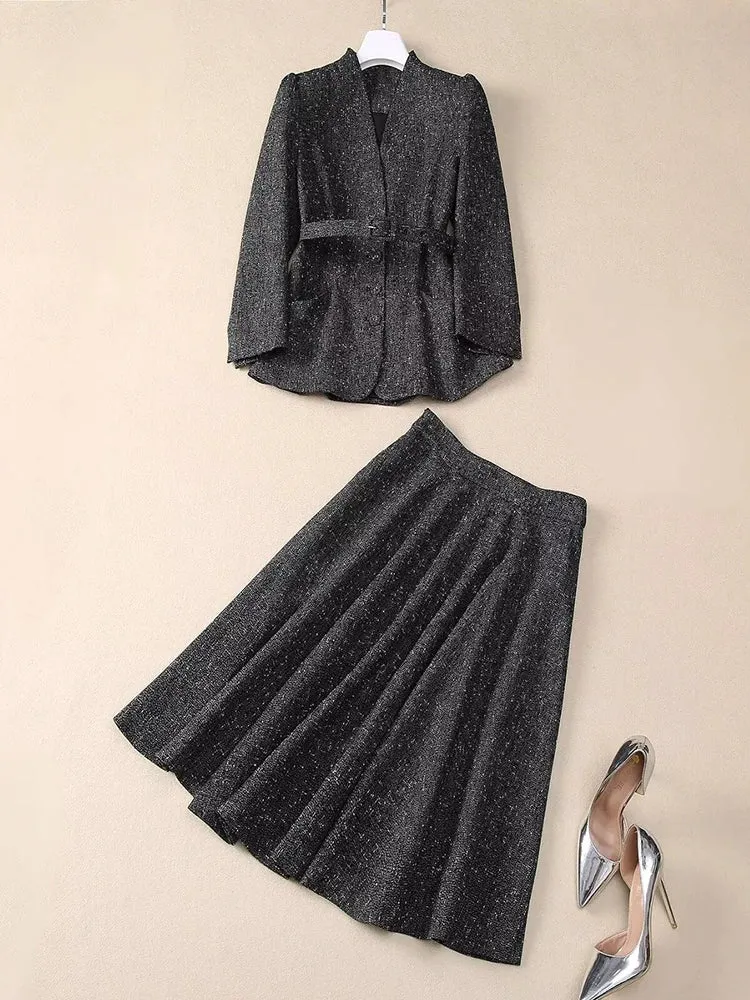 Bexley Single Breasted Sashes Coat   Skirt Office Lady 2 piece Set
