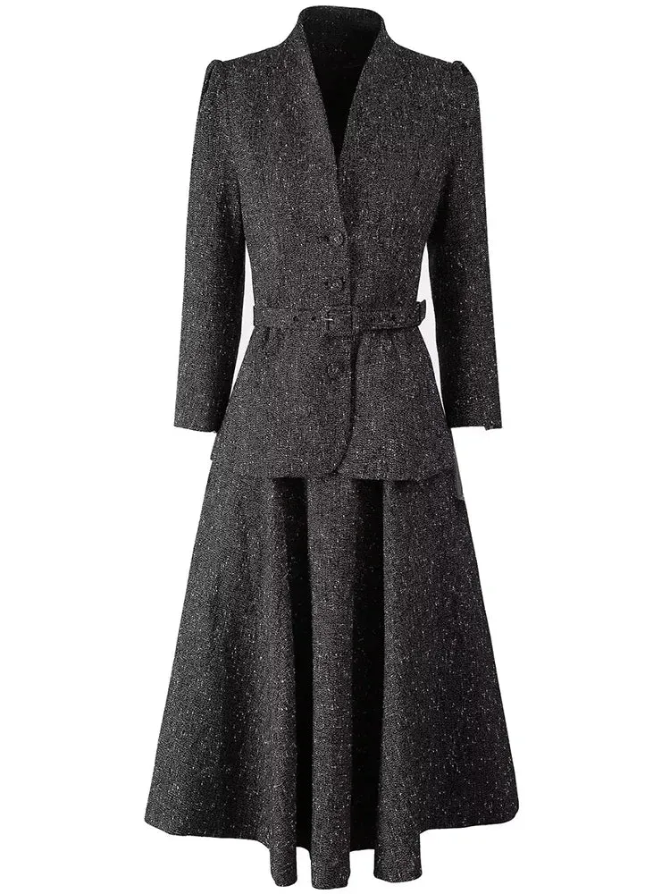 Bexley Single Breasted Sashes Coat   Skirt Office Lady 2 piece Set