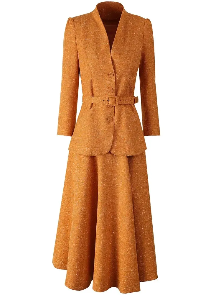 Bexley Single Breasted Sashes Coat   Skirt Office Lady 2 piece Set