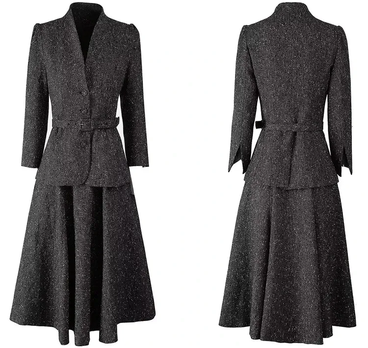 Bexley Single Breasted Sashes Coat   Skirt Office Lady 2 piece Set