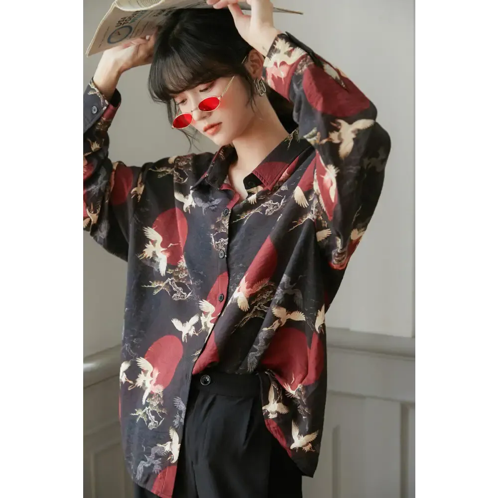 Bird Pattern Long Sleeve Shirt for Versatile Styling
