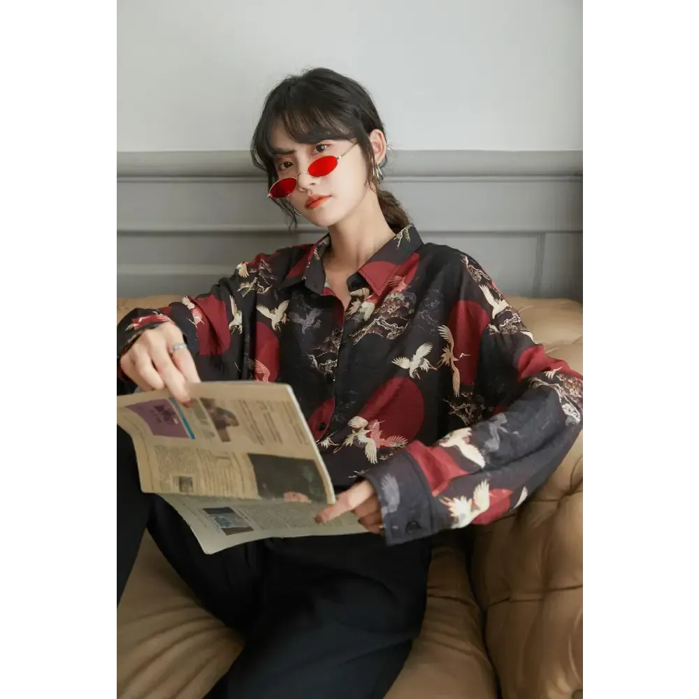 Bird Pattern Long Sleeve Shirt for Versatile Styling