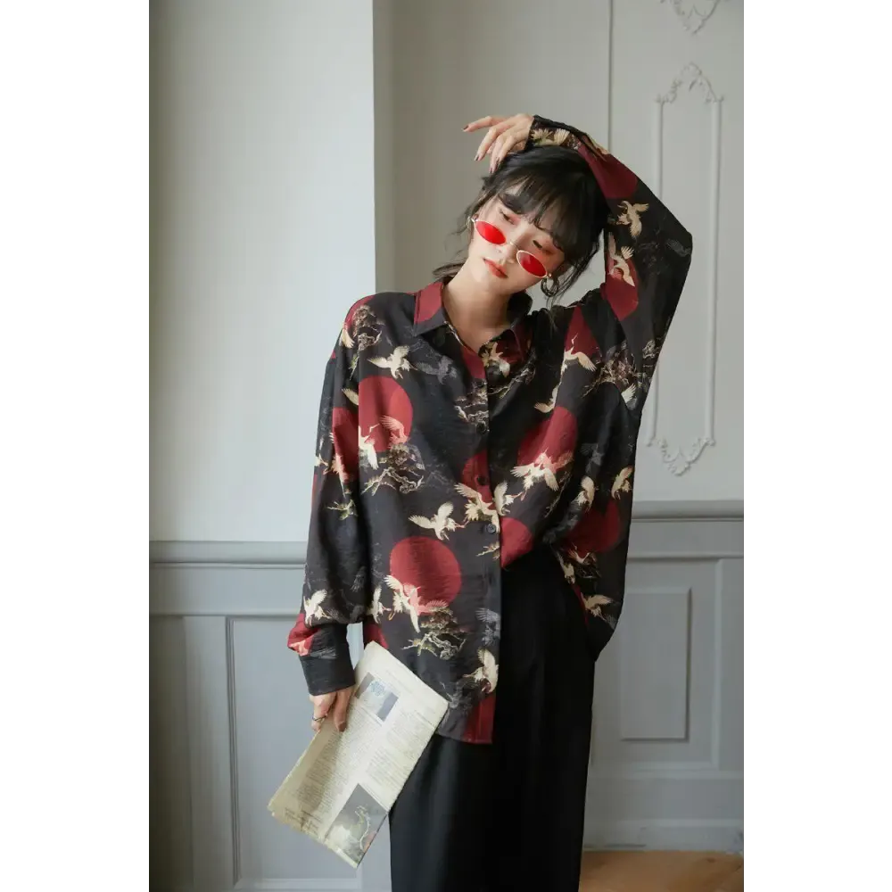 Bird Pattern Long Sleeve Shirt for Versatile Styling