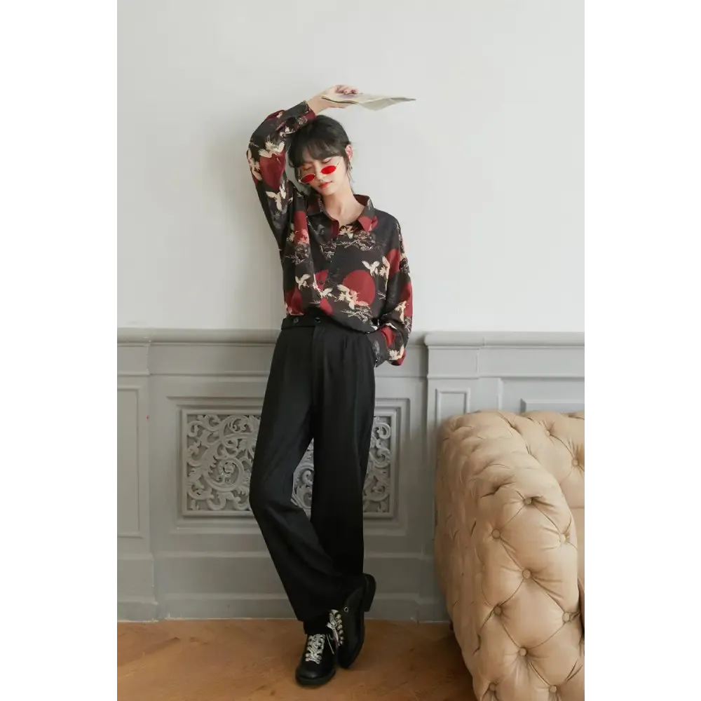Bird Pattern Long Sleeve Shirt for Versatile Styling