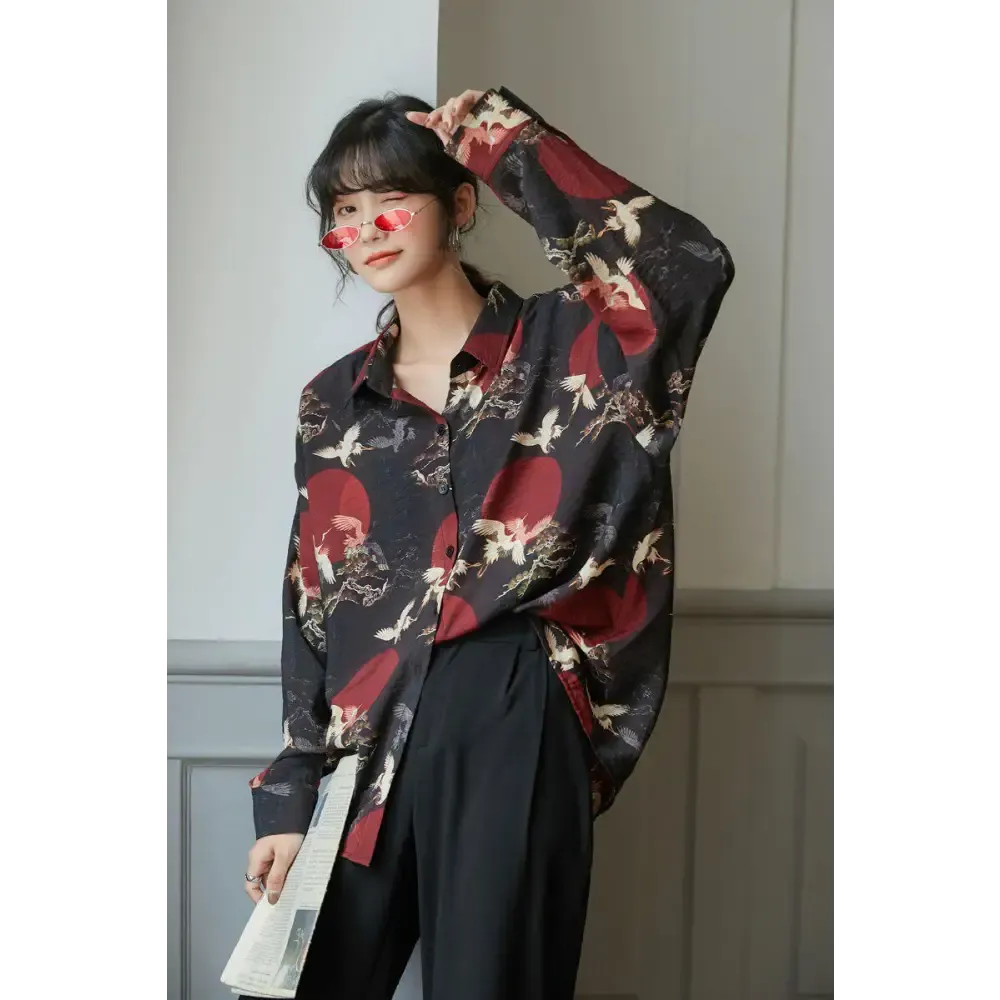 Bird Pattern Long Sleeve Shirt for Versatile Styling