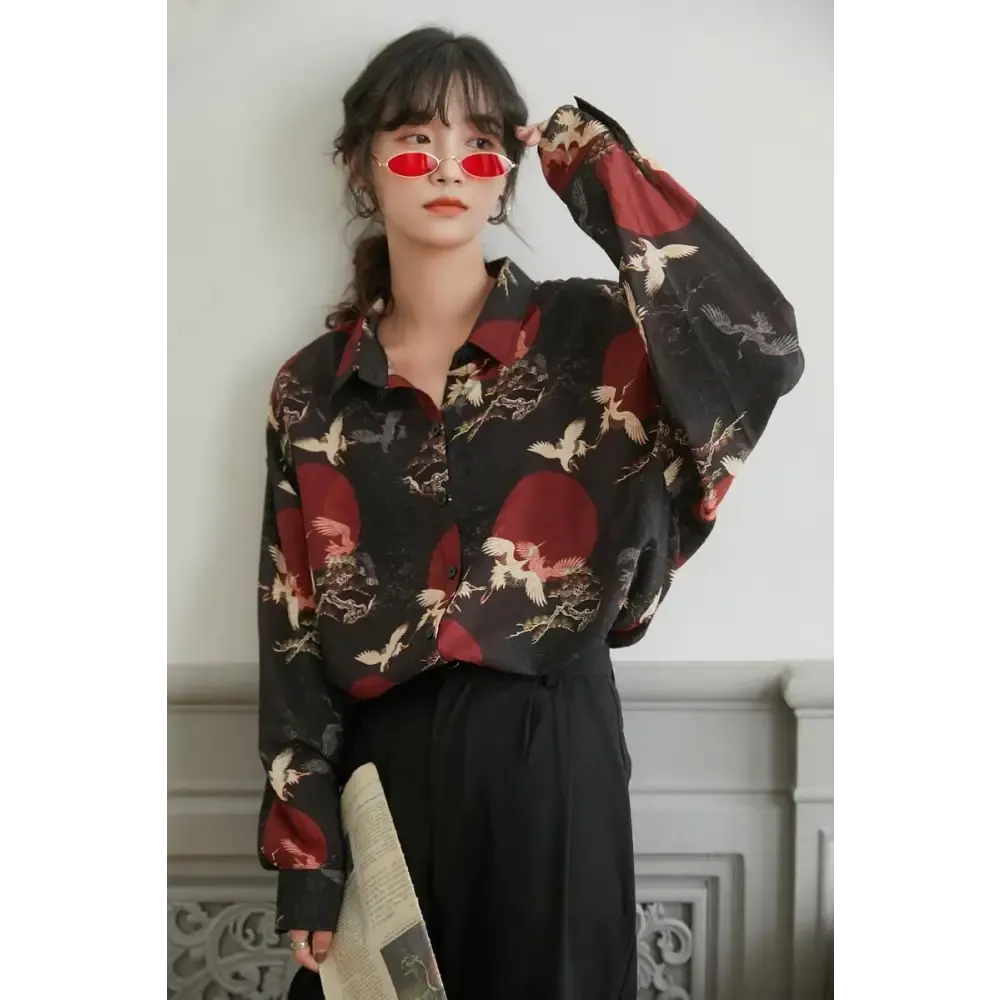 Bird Pattern Long Sleeve Shirt for Versatile Styling