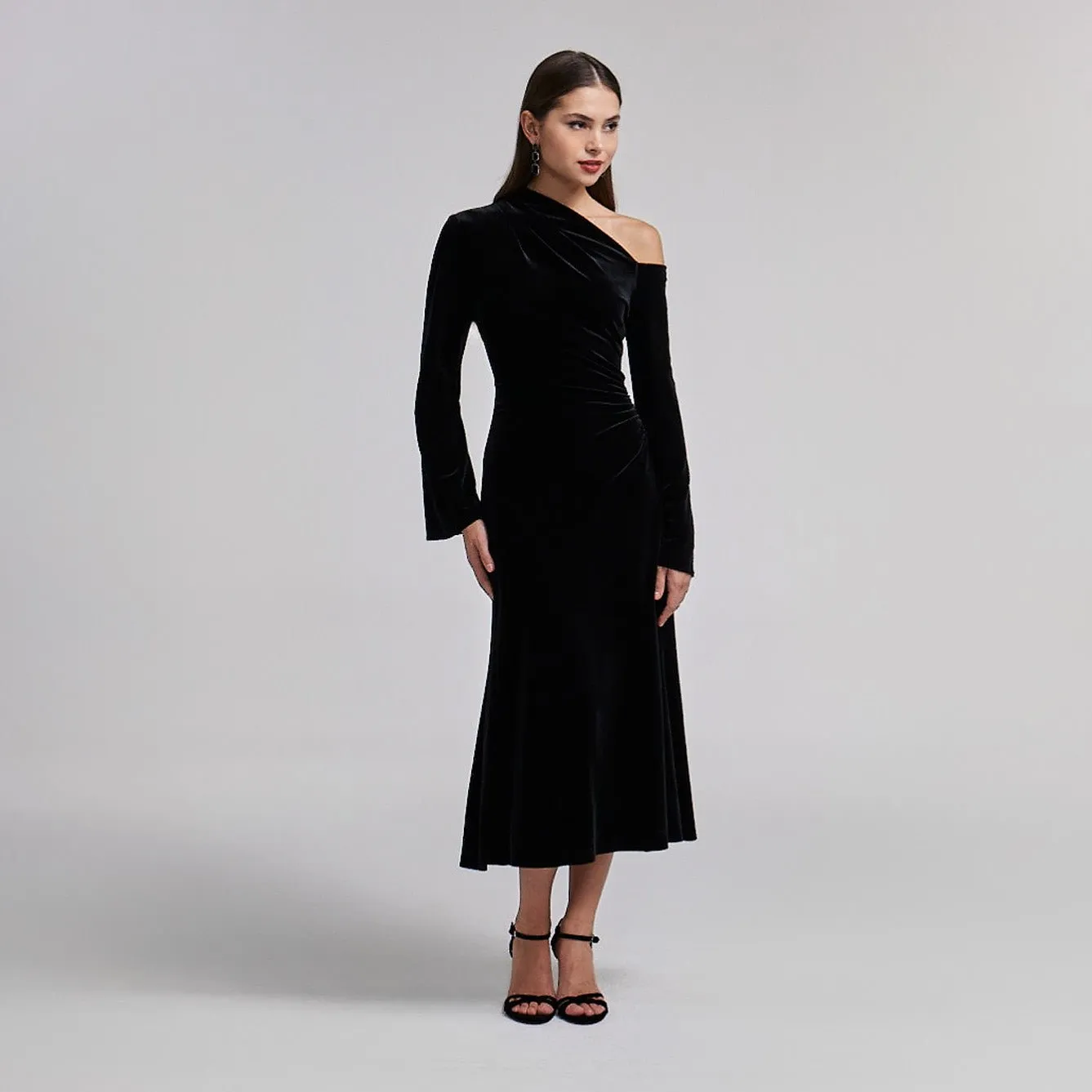Black Bare Shoulder Velvet Midi Dress