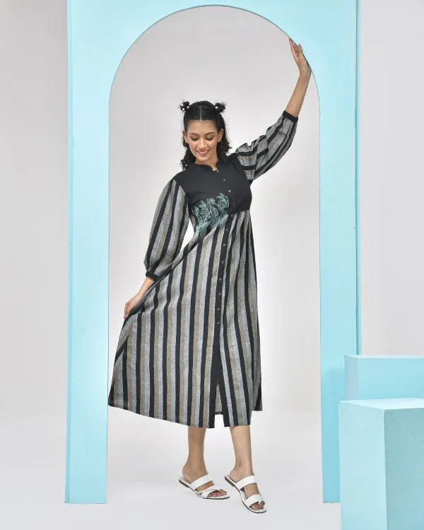 Black Grey Striped Midi Dress