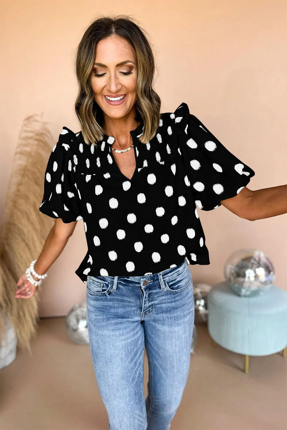 Black Polka Dot Print Shirred Yoke Notched Neck Balloon Sleeve Blouse