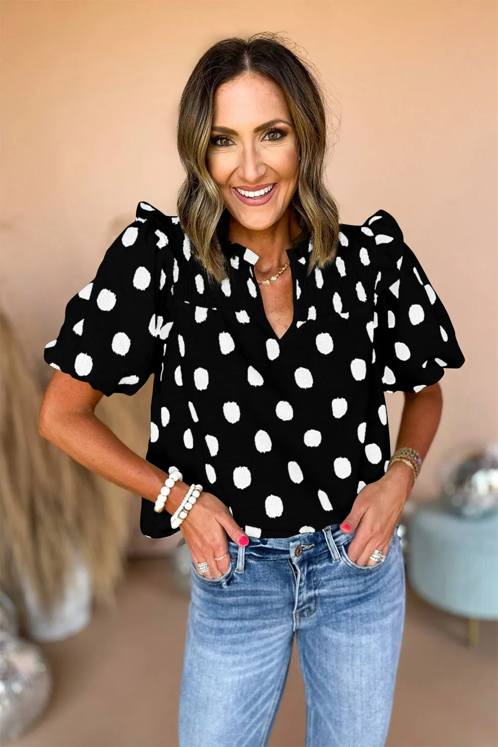 Black Polka Dot Print Shirred Yoke Notched Neck Balloon Sleeve Blouse