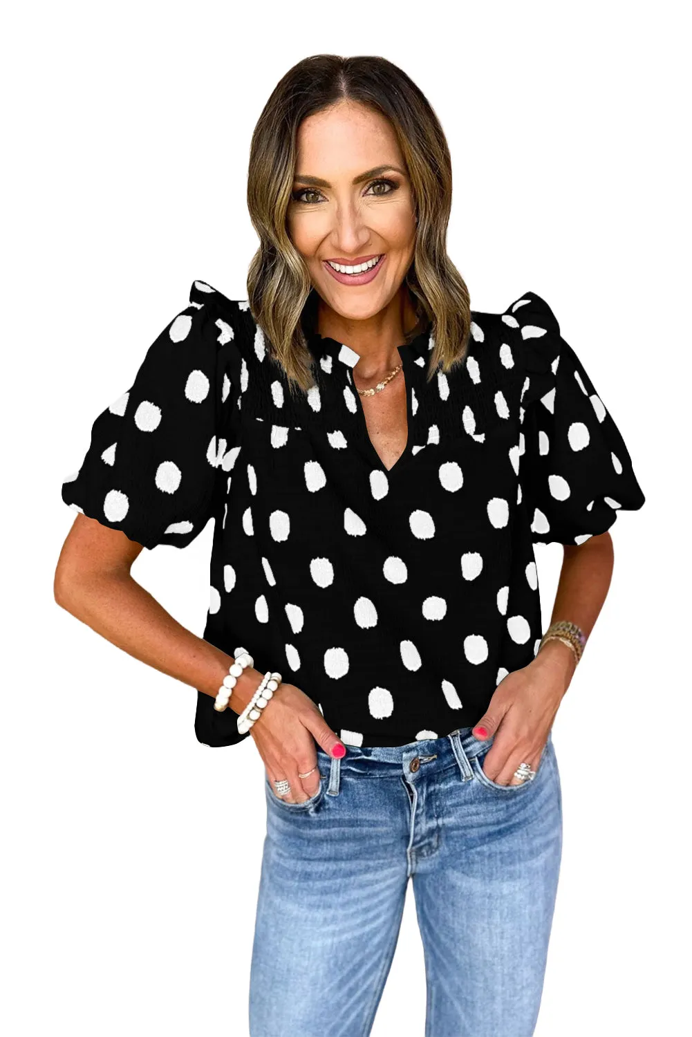 Black Polka Dot Print Shirred Yoke Notched Neck Balloon Sleeve Blouse