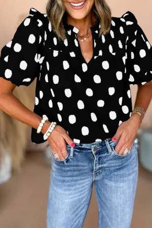 Black Polka Dot Print Shirred Yoke Notched Neck Balloon Sleeve Blouse