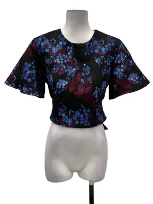 Black Roundneck Tie Back Blue And Red Floral Blouse