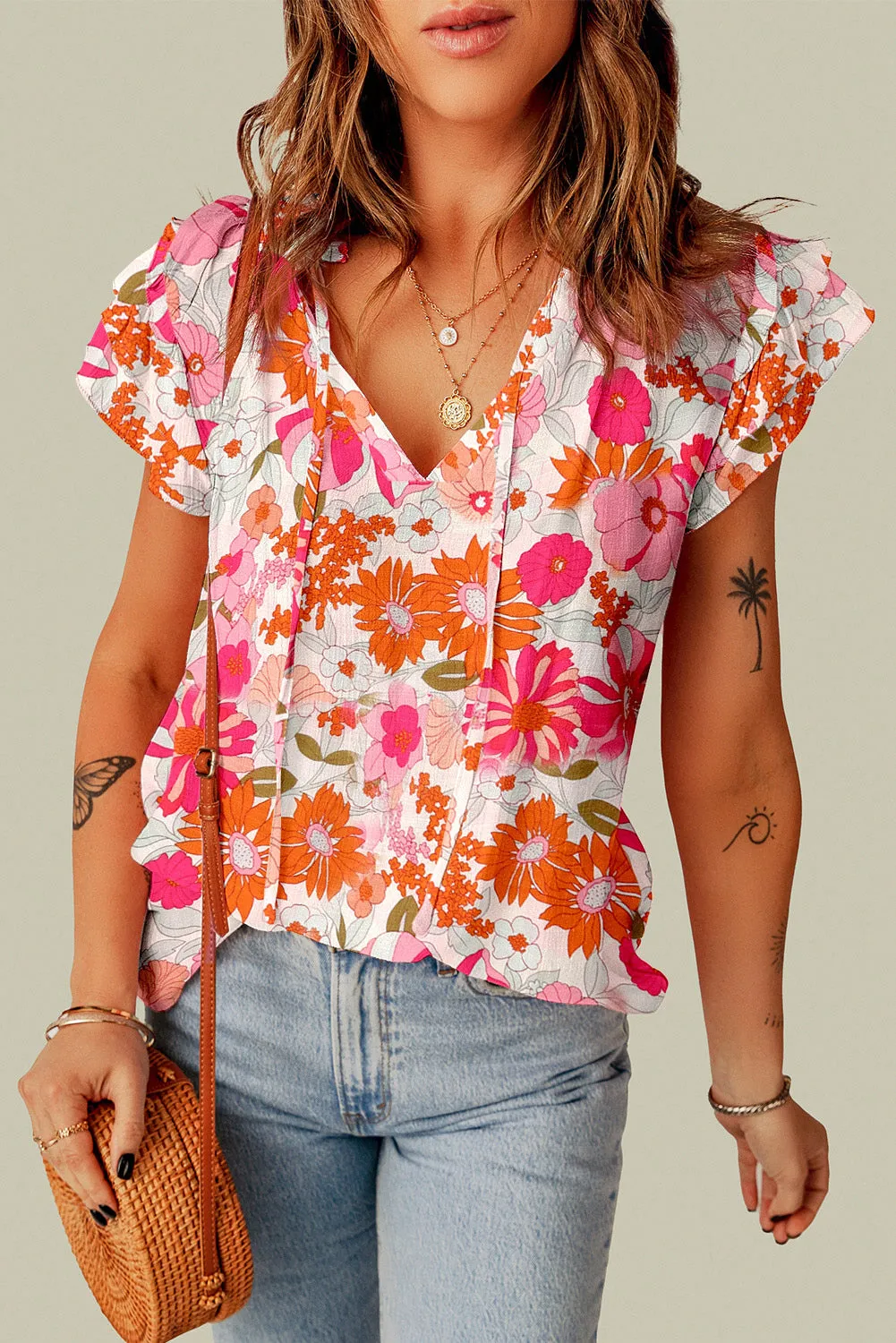Bloemen Strik Hals Flutter Mouw Blouse