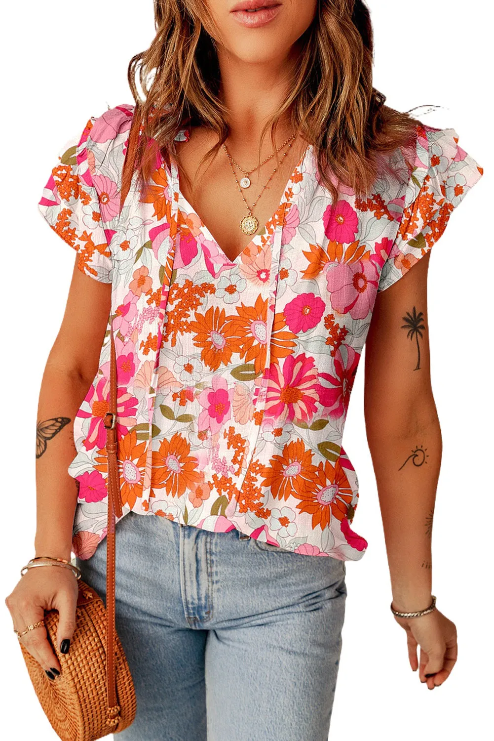 Bloemen Strik Hals Flutter Mouw Blouse