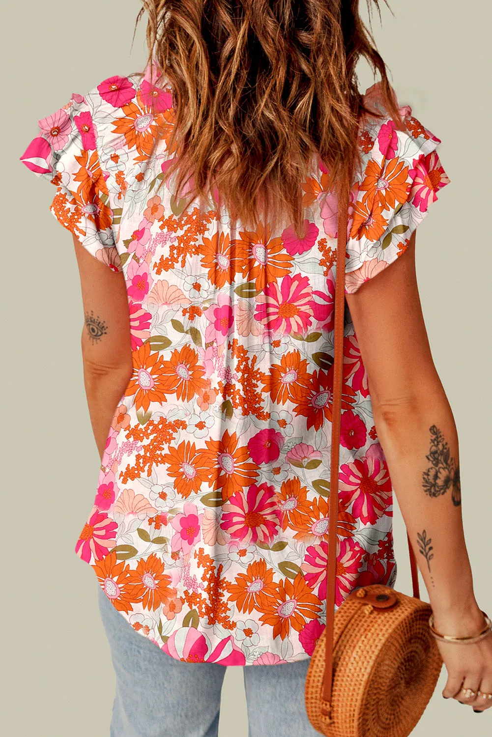 Bloemen Strik Hals Flutter Mouw Blouse