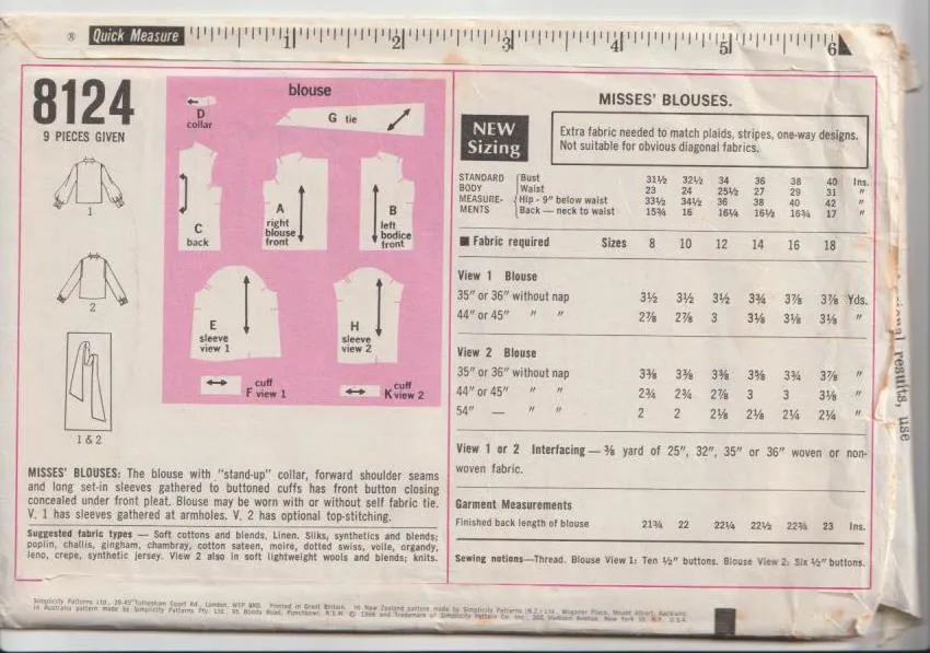 Blouse With Tie Neck or Standing Collar - Bust 86 cm -  Vintage Pattern - Simplicity 8124 - 1969