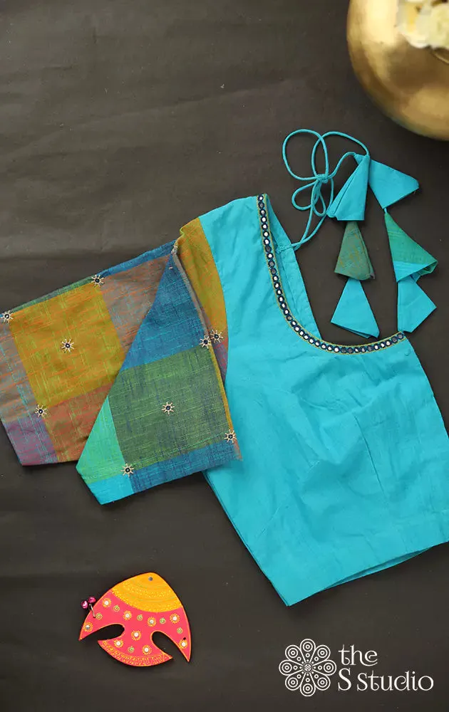 Blue cotton blouse with checked sleeves