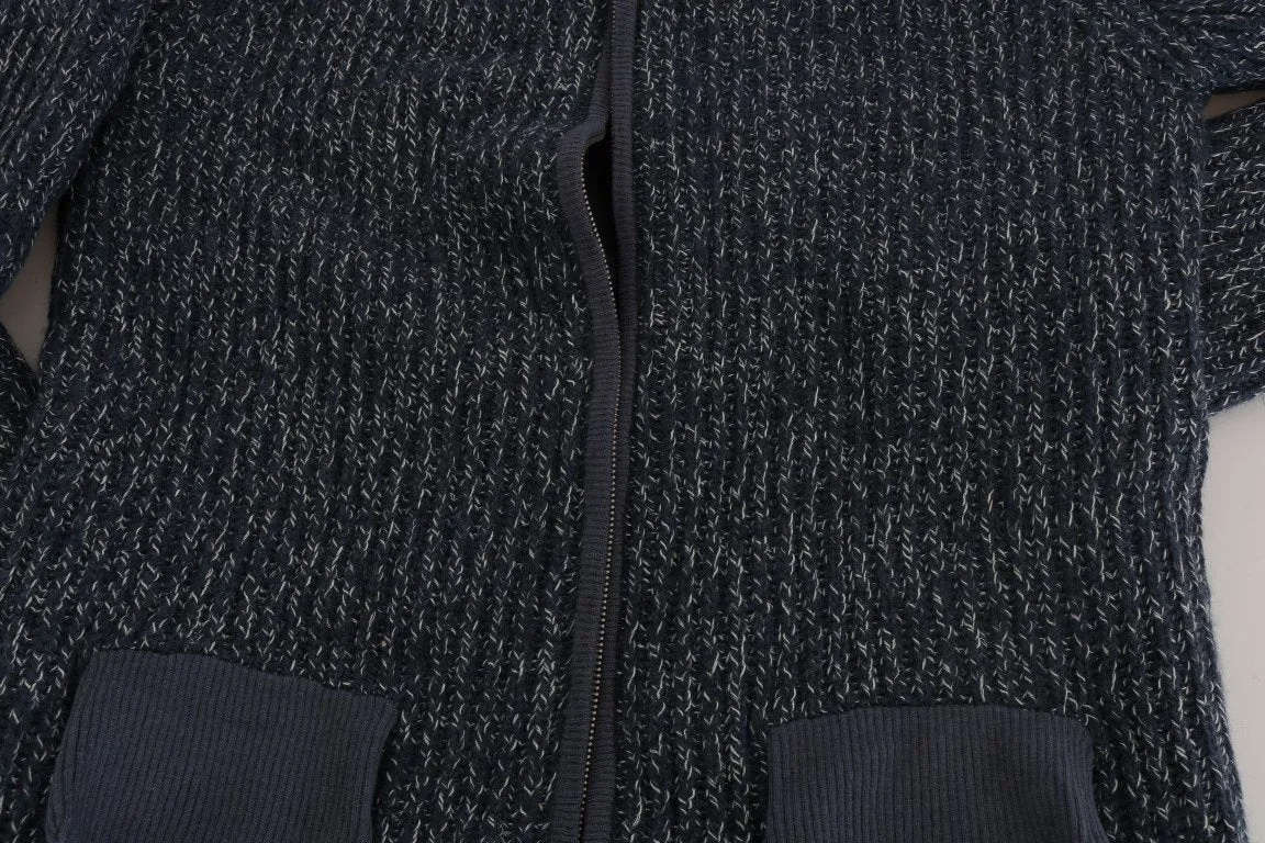 Blue Knitted Wool Hooded Zipper Sweater