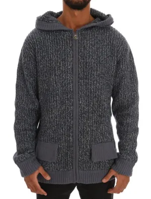 Blue Knitted Wool Hooded Zipper Sweater