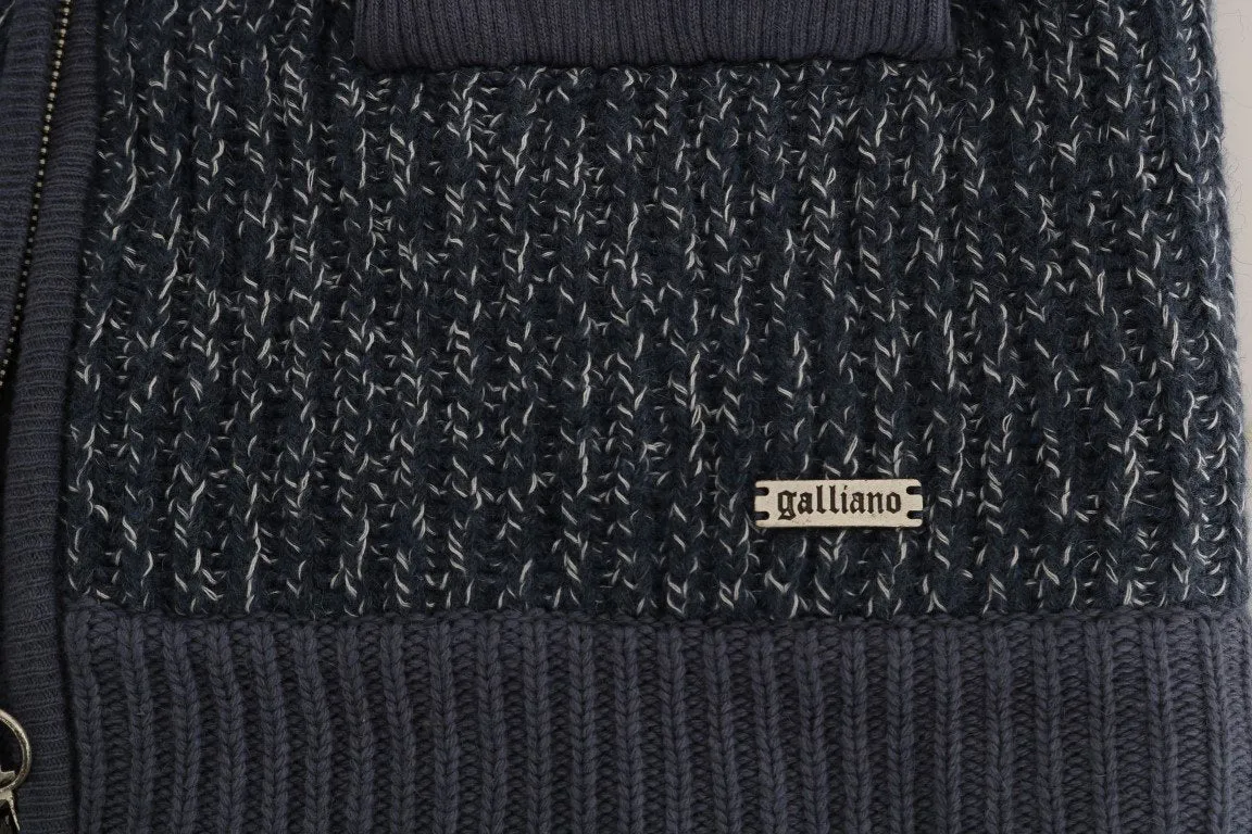 Blue Knitted Wool Hooded Zipper Sweater
