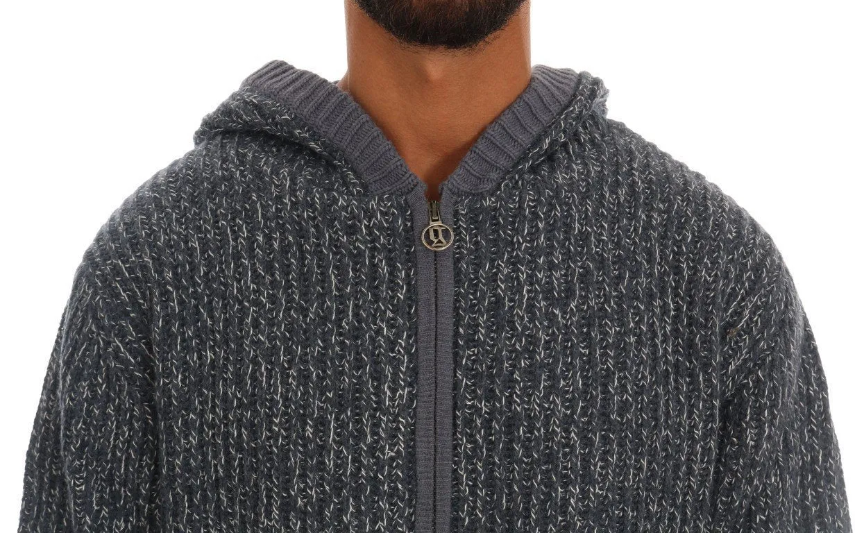 Blue Knitted Wool Hooded Zipper Sweater
