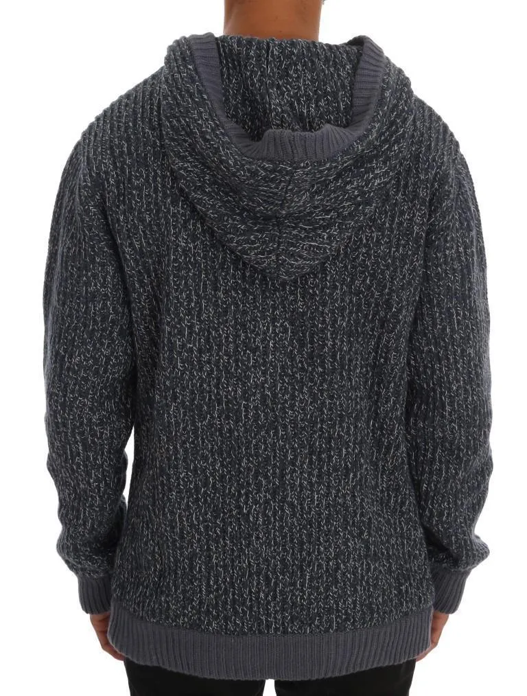 Blue Knitted Wool Hooded Zipper Sweater