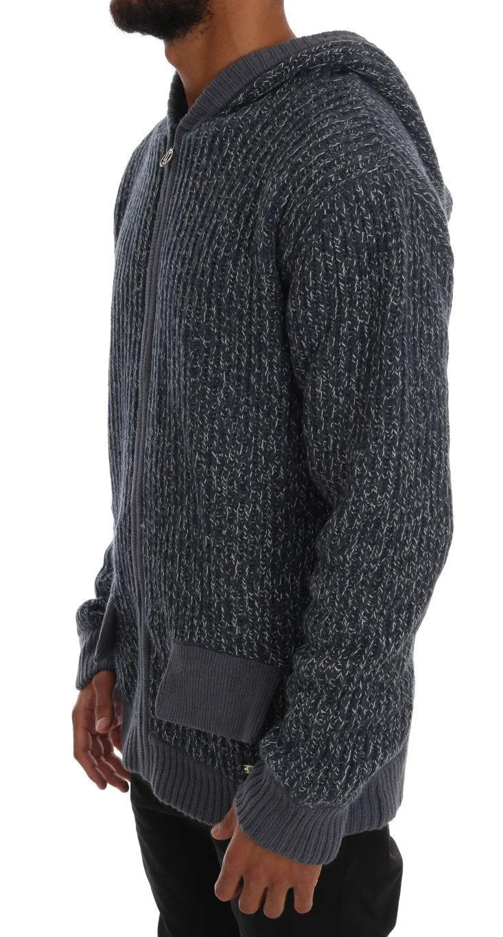 Blue Knitted Wool Hooded Zipper Sweater