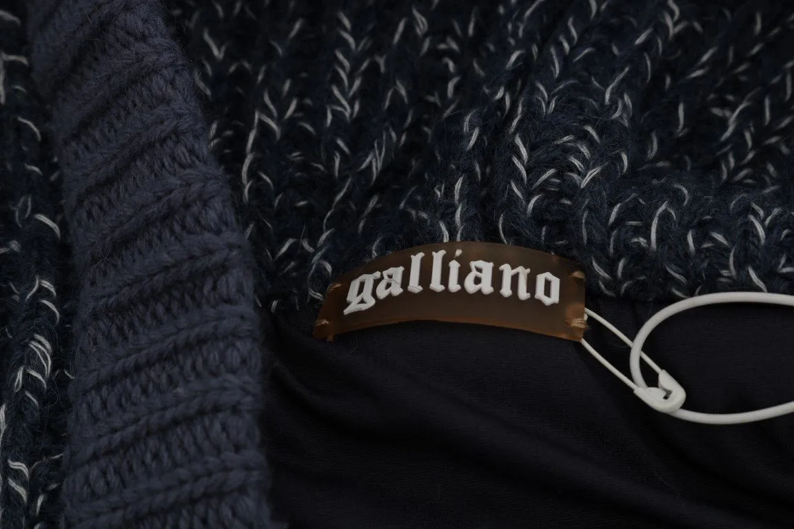 Blue Knitted Wool Hooded Zipper Sweater