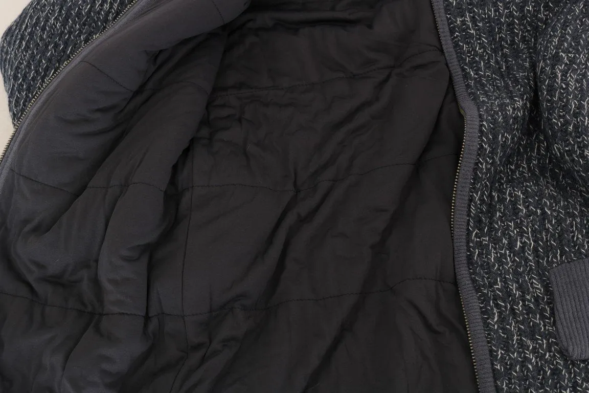 Blue Knitted Wool Hooded Zipper Sweater