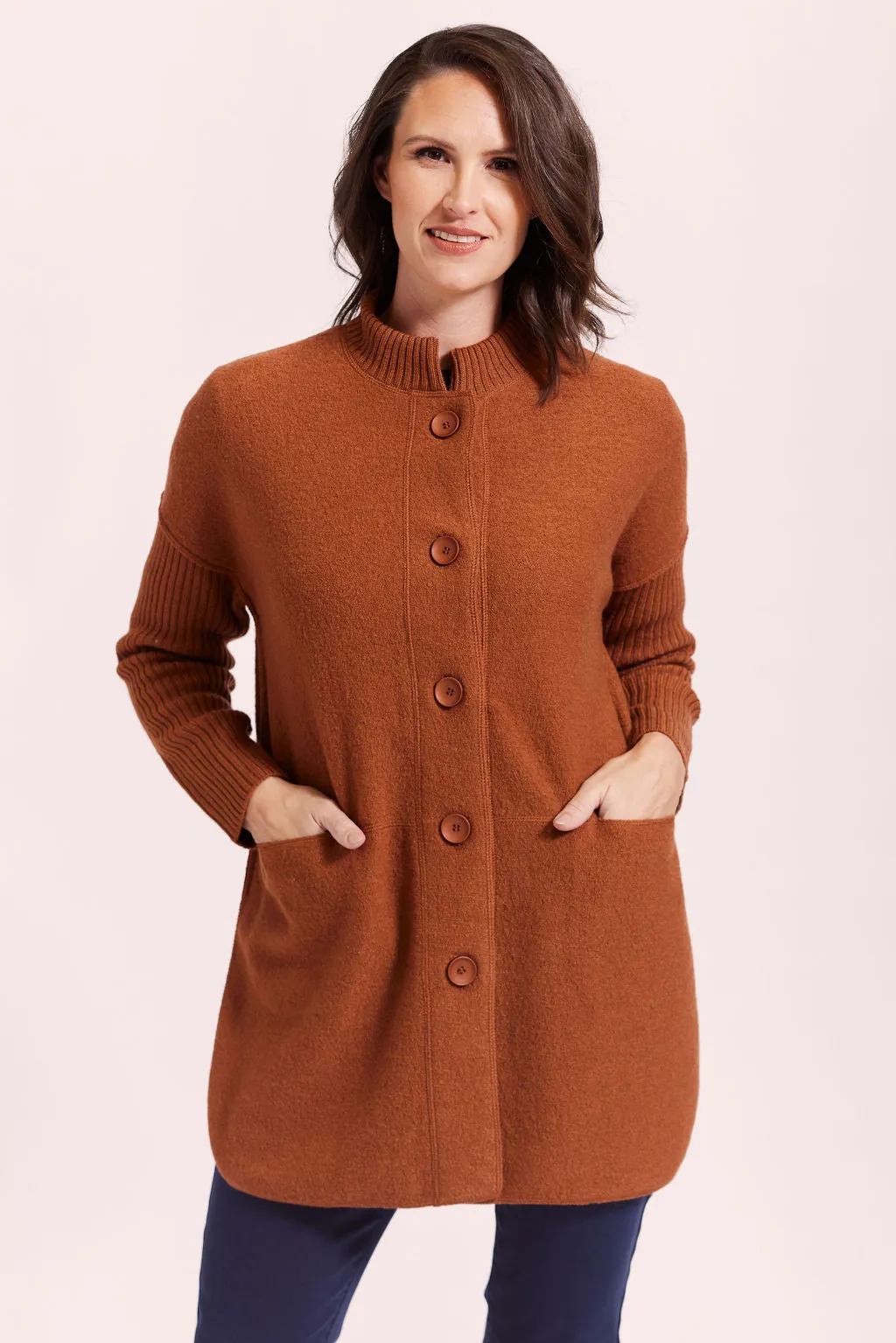 Boiled Wool Duffle Rib Sleeve Coat - Nutmeg